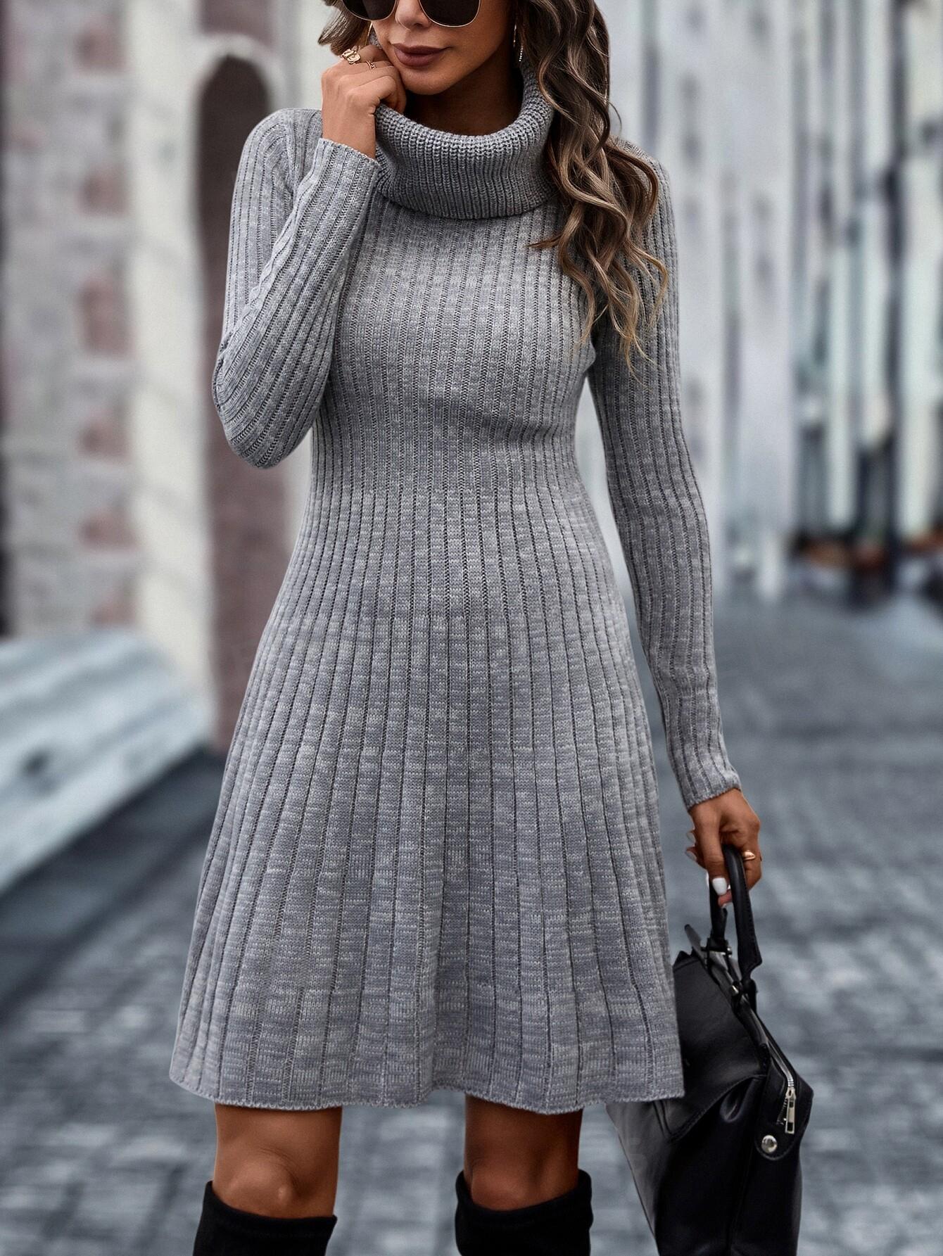 ST519 Vestido de punto cuello alto tejido de canalé sin cinturón