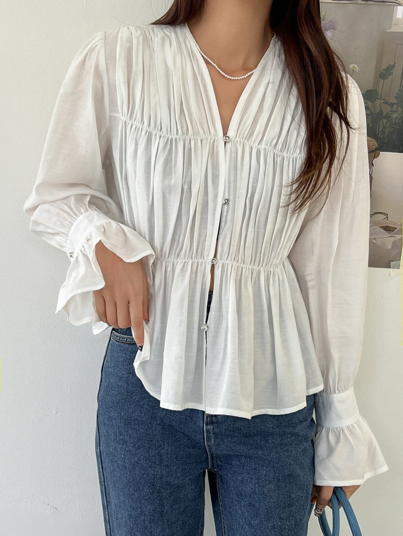 ST8963 - Blusa Con Mangas Con Volantes, Canesú Fruncido Con Volantes