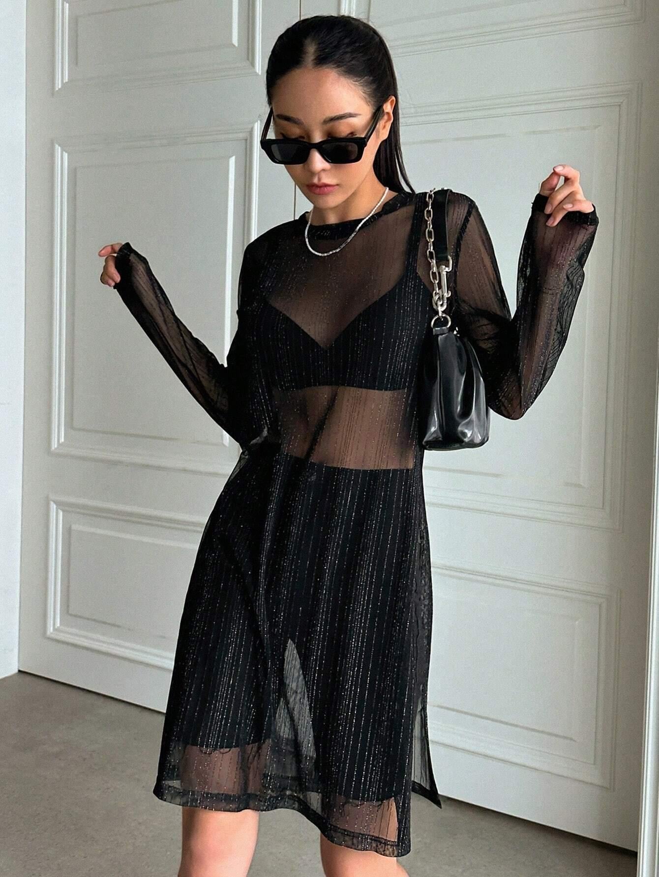 ST1274- Top unicolor de malla transparente sin sujetador