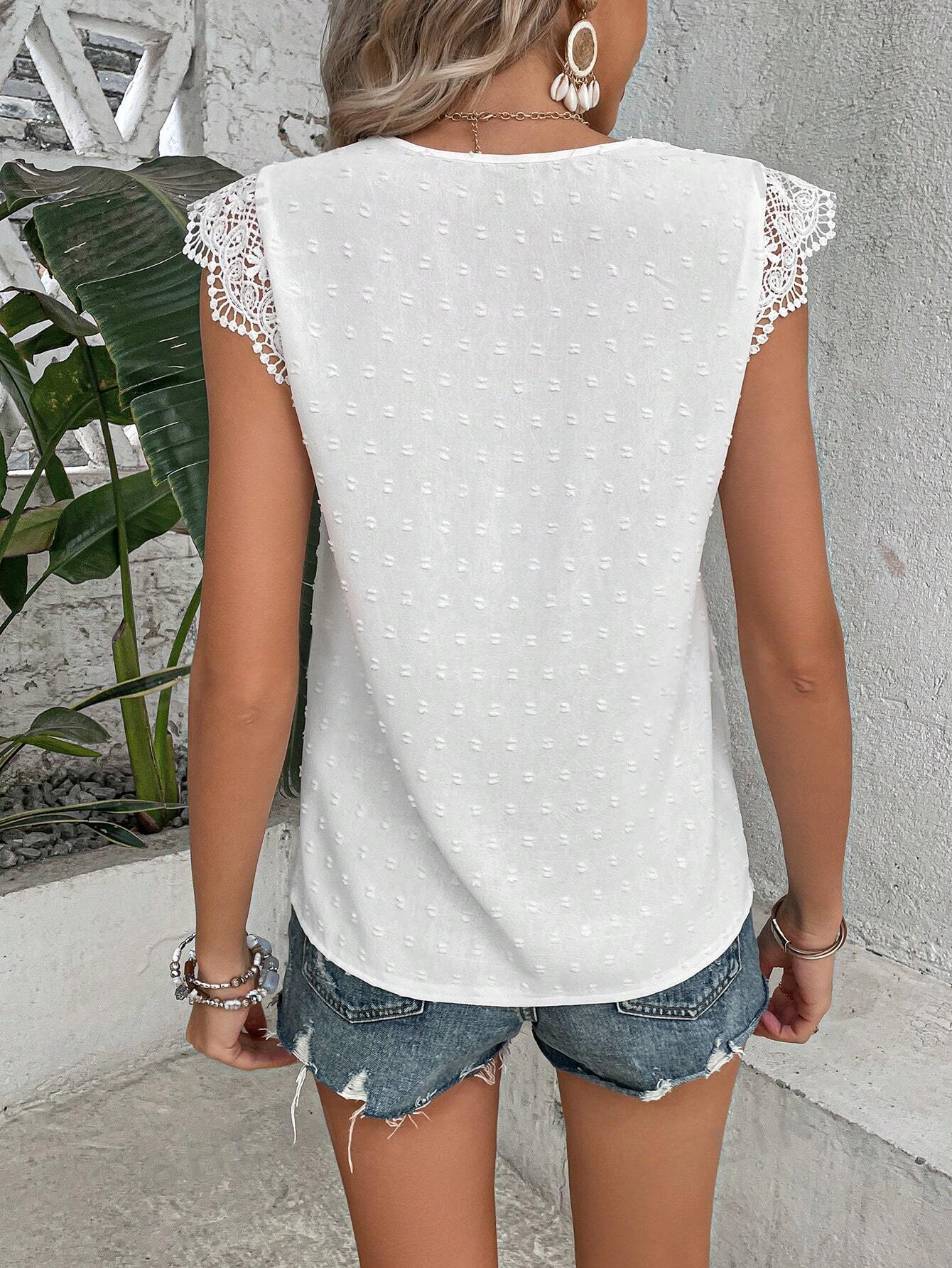 ST00016 Blusa de lunares panel con encaje de manga casquillo