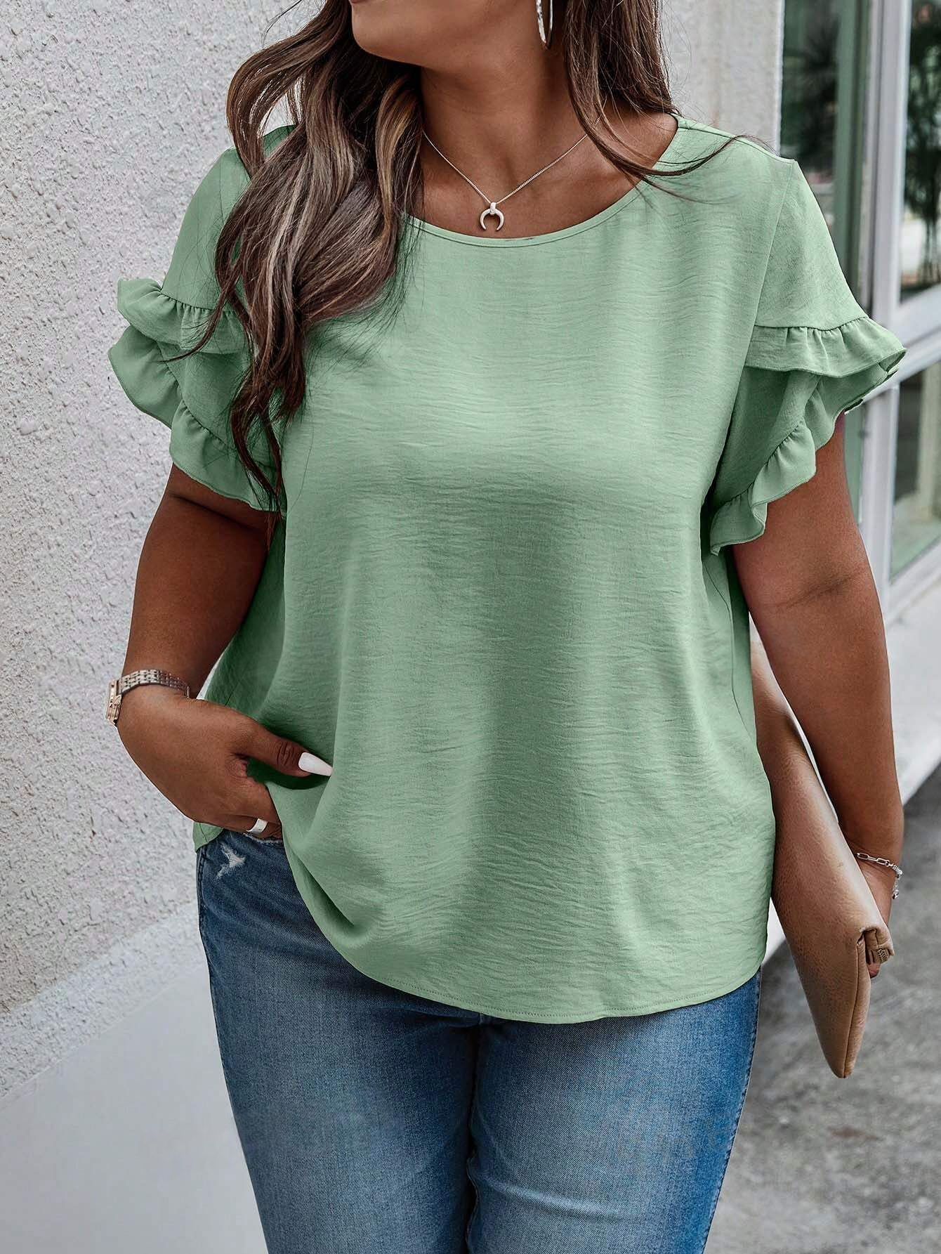 M1003 - Talla grande Blusa unicolor ribete con fruncido