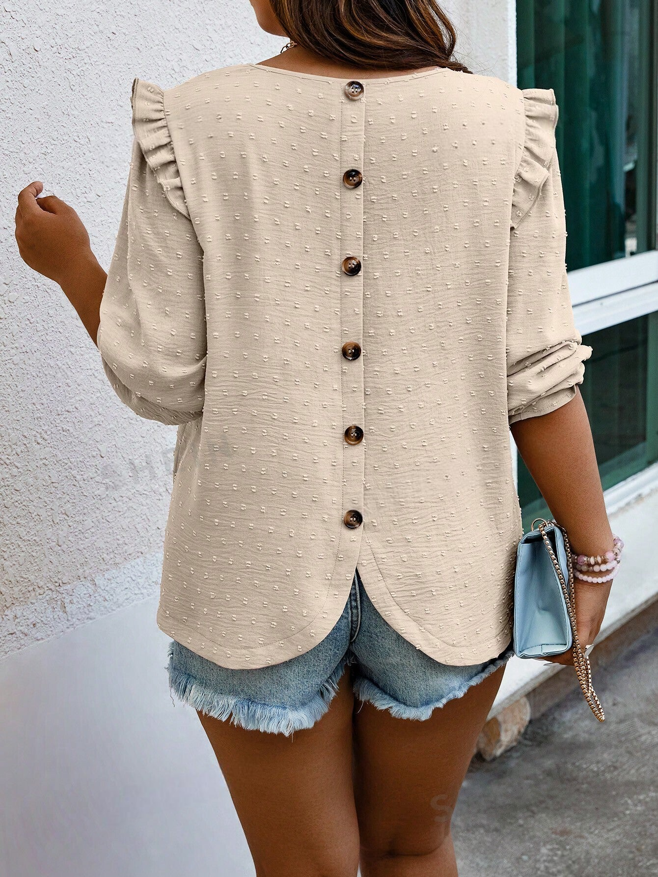 M000 - Talla grande Blusa de lunares ribete con fruncido con botón trasero