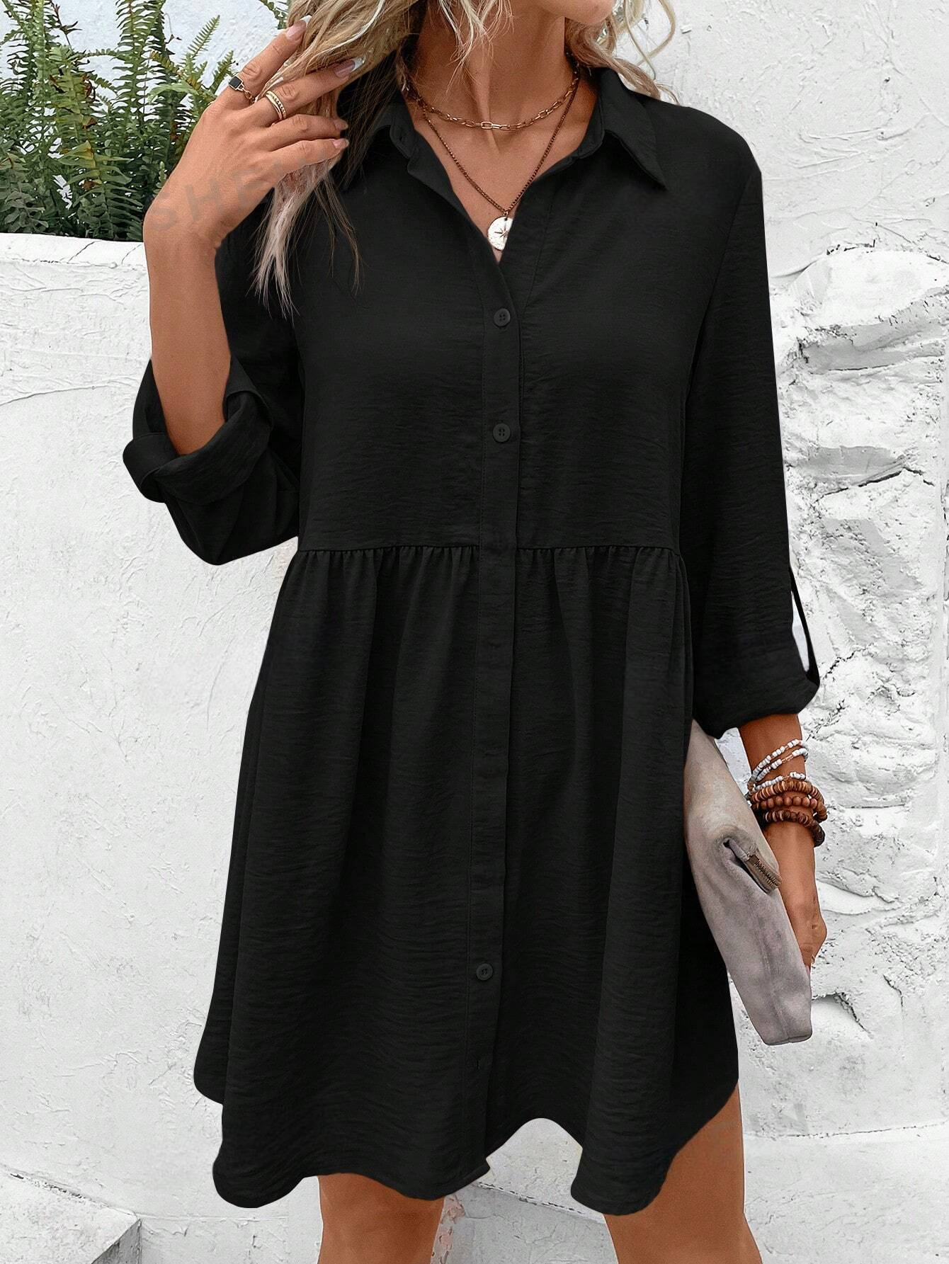 ST1419 - Vestido camisero unicolor con botón delantero