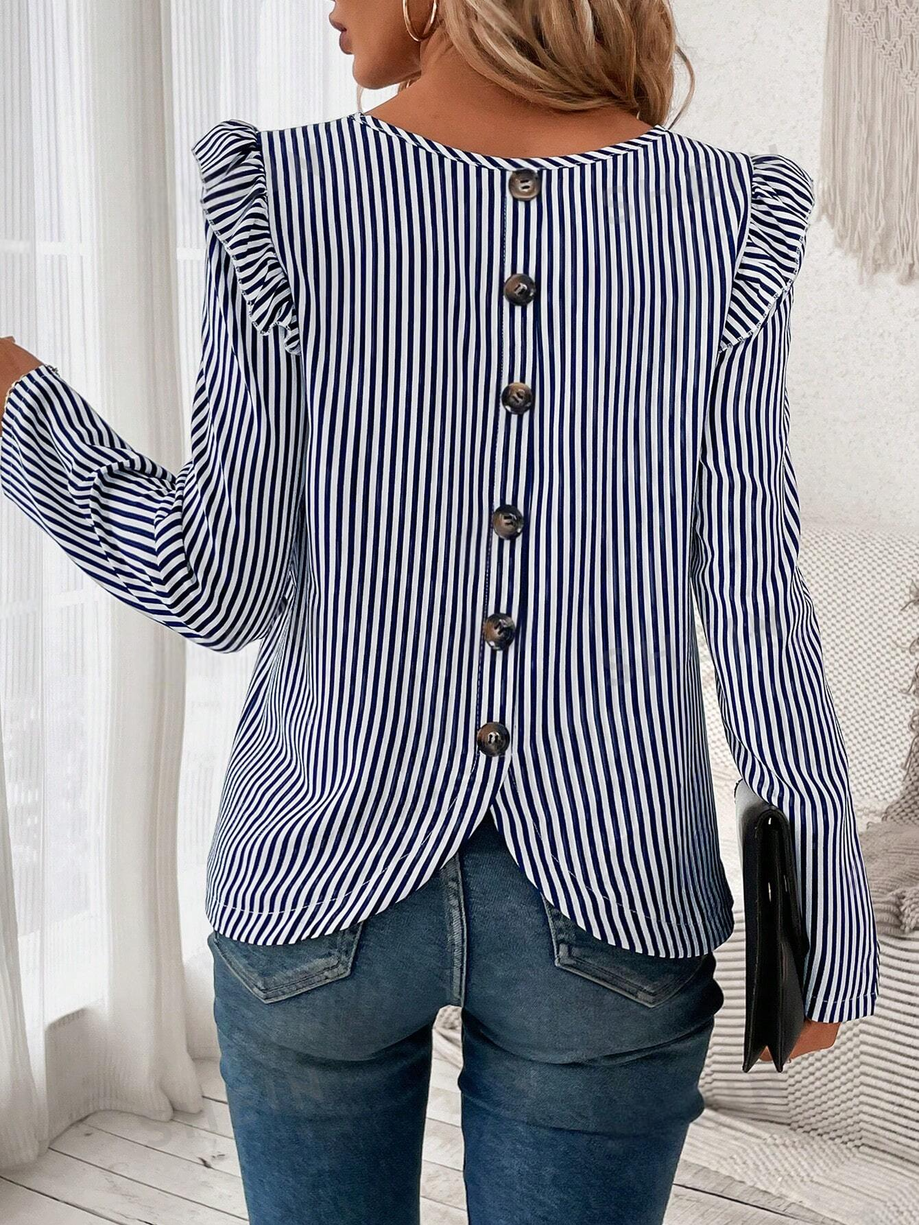 M577 - Blusa con estampado de rayas con botón trasero ribete con fruncido