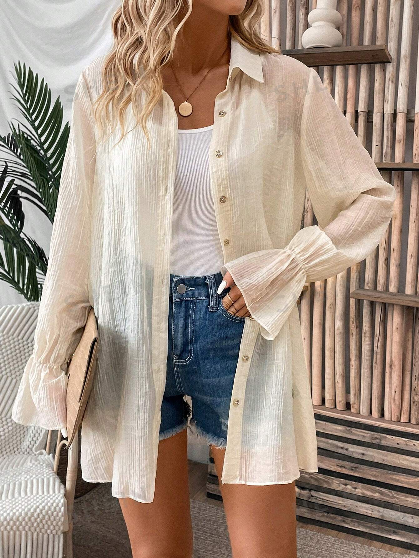 ST7007 1 Pieza Blusa Semitransparente Con Mangas Acampanadas