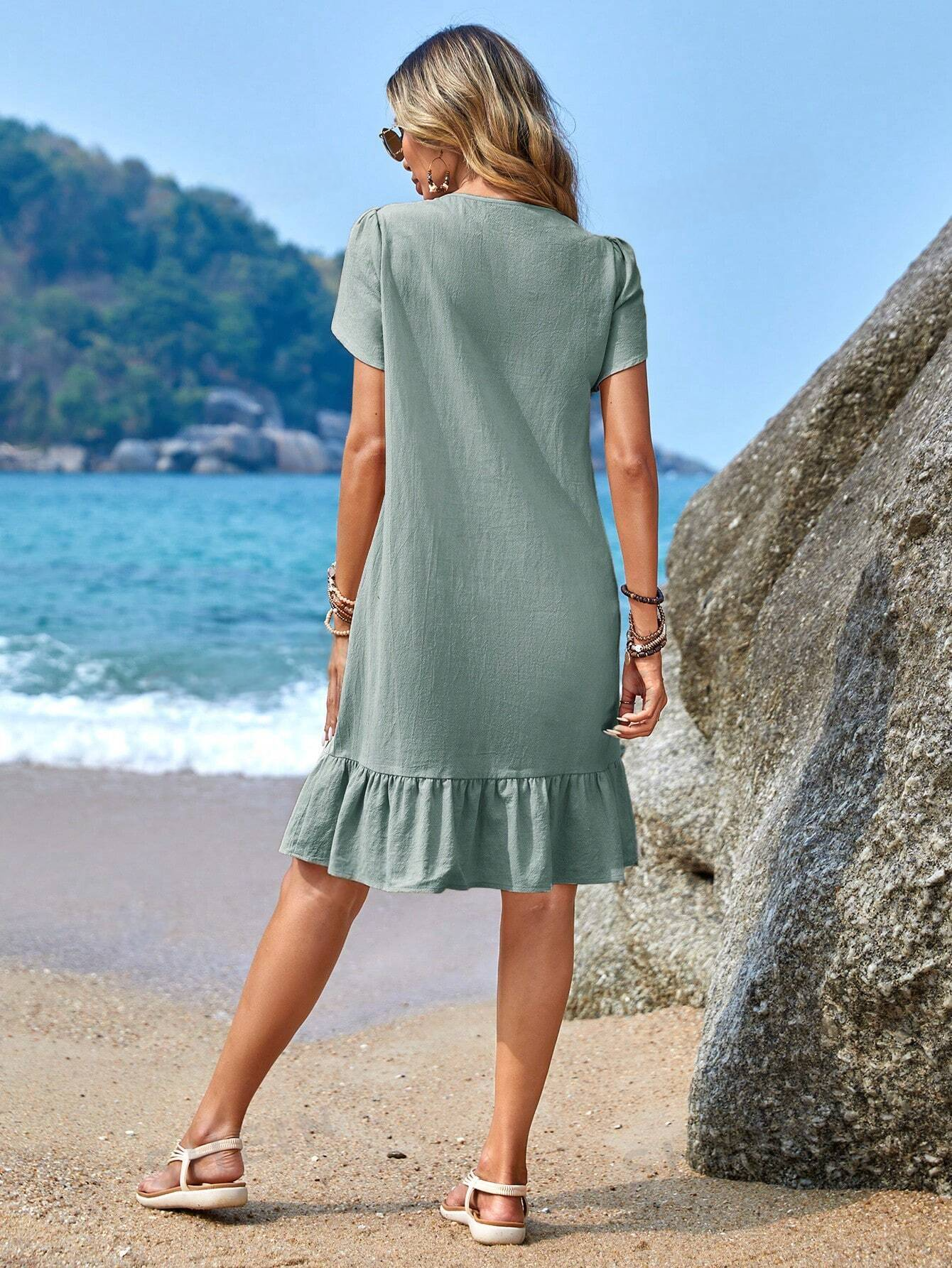 M00017 Vestido Redondo De Cuello Con Manga De Pétalo De Fondo De Hoja De Loto Azul Menta De Primavera Para Mujeres