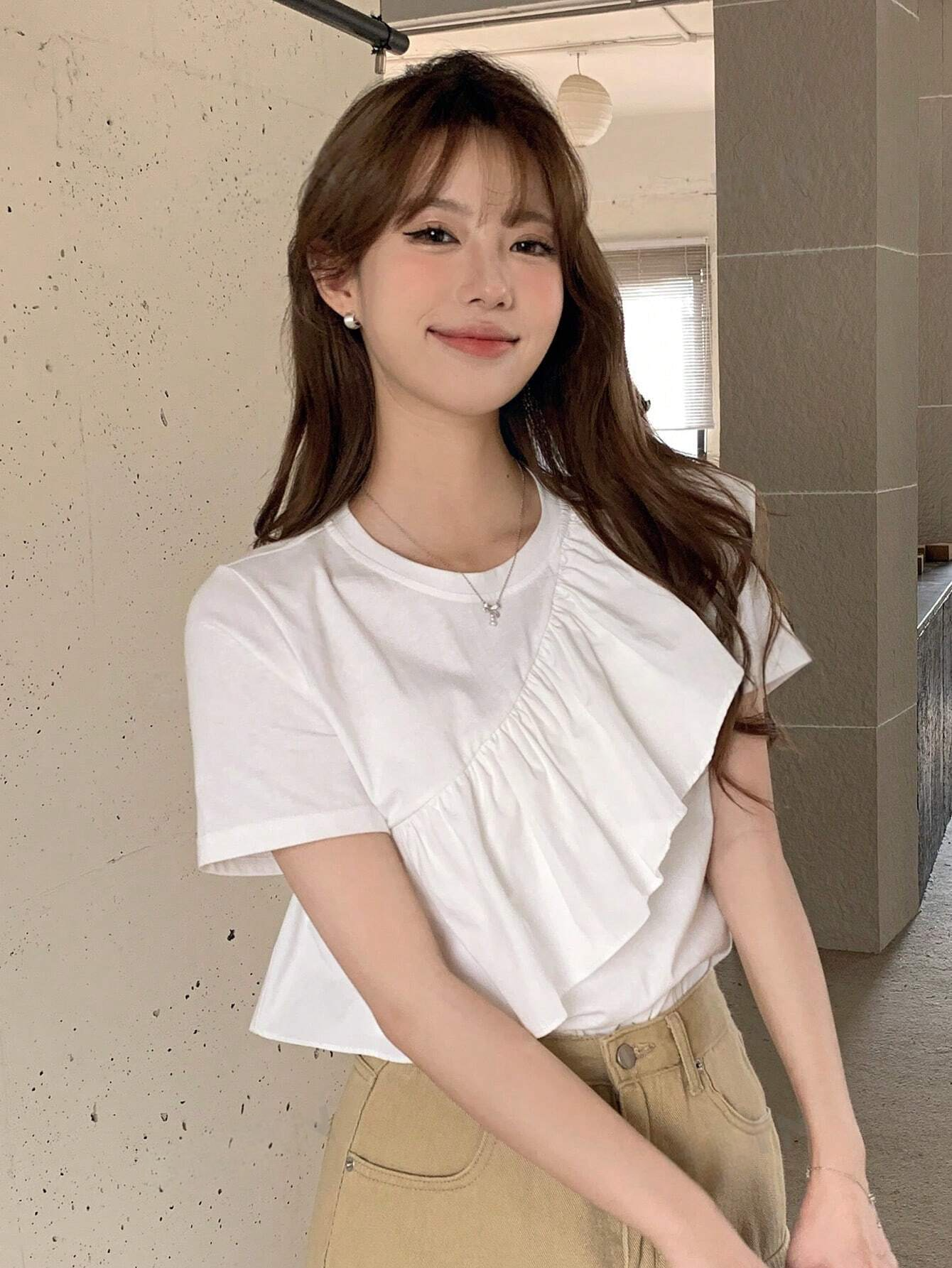 M0019 Camiseta De Manga Corta Sólida Para Mujer Con Ribete De Volante