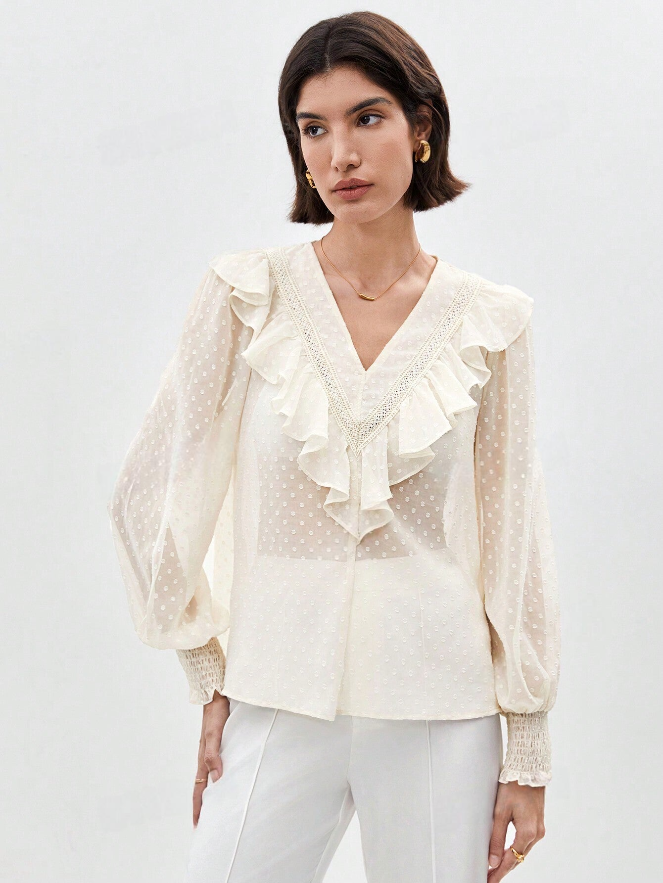 ST0043 Blusa De Manga Larga Con Dobladillo De Volantes Y Bloque De Color Para Mujer