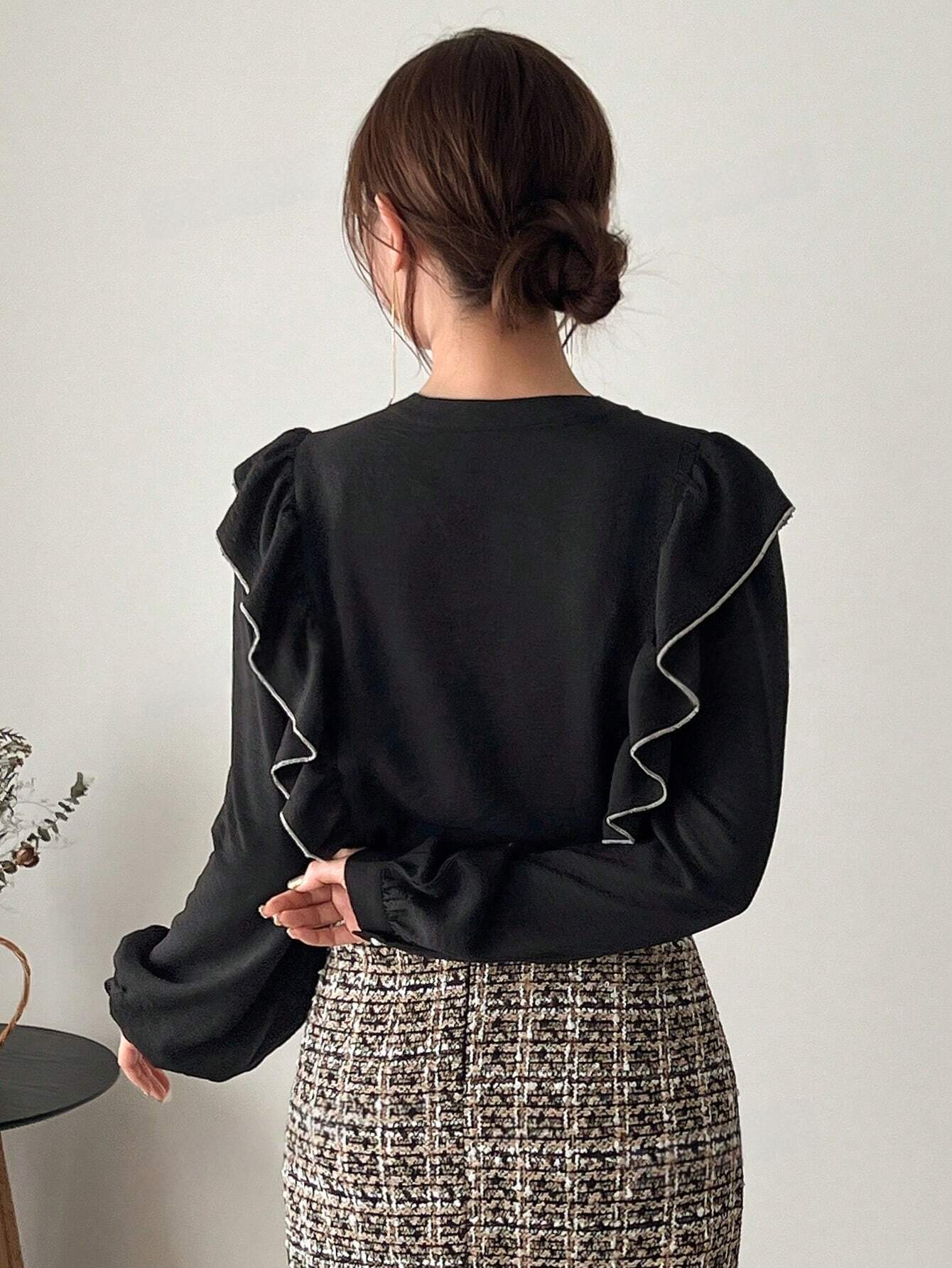 ST0052 Blusa De Manga Abullonada Con Cuello Con Volantes Y Parche Para Mujer
