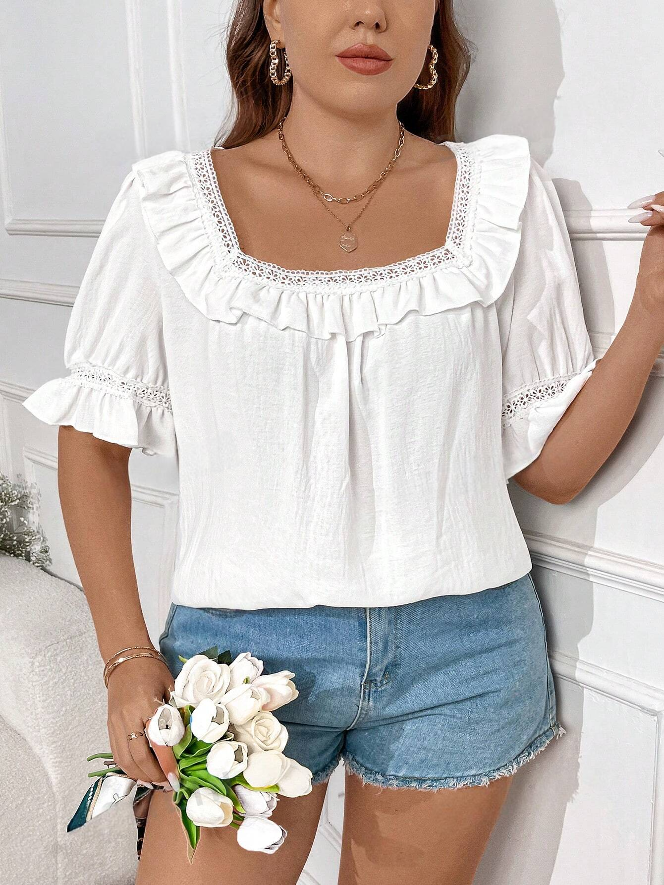 ST1469 - Blusa Con Cuello Cuadrado Y Ribete De Volantes De Color Liso De Talla Grande