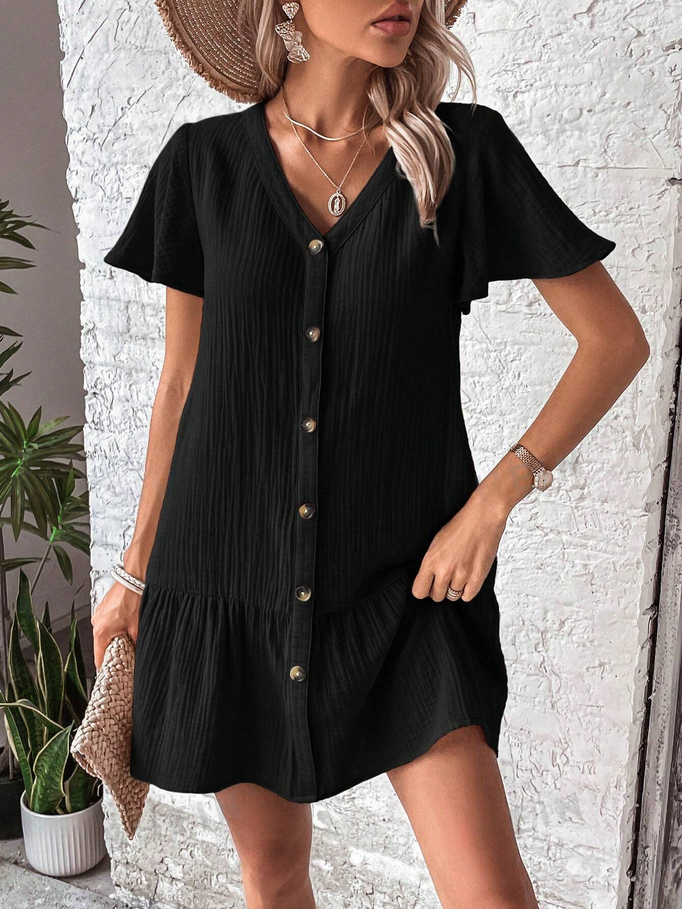 ST1229 - Vestido De Cuello En V Para Mujer Con Botones En La Parte Delantera Y Dobladillo Con Volantes