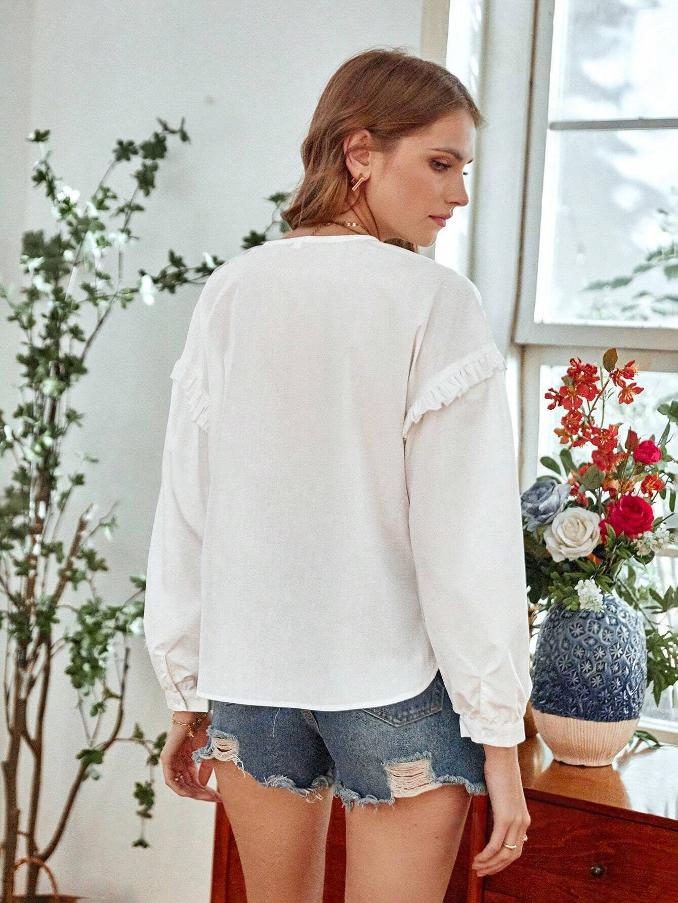 ST1298- Camisa De Manga Larga Con Ribete De Volantes De Color Sólido