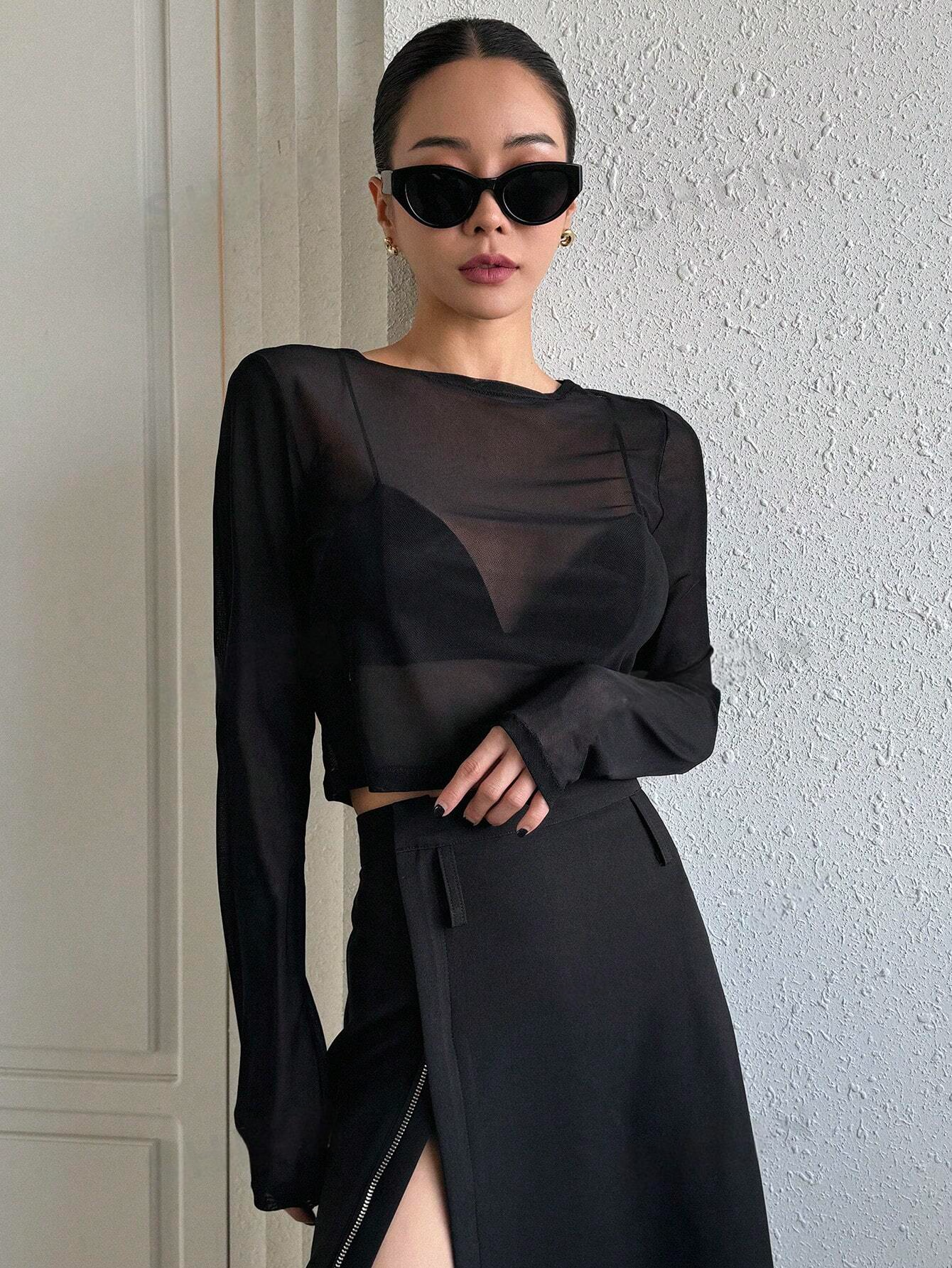 K13975 - Top De Manga Larga Con Cuello Redondo De Malla De Color Sólido