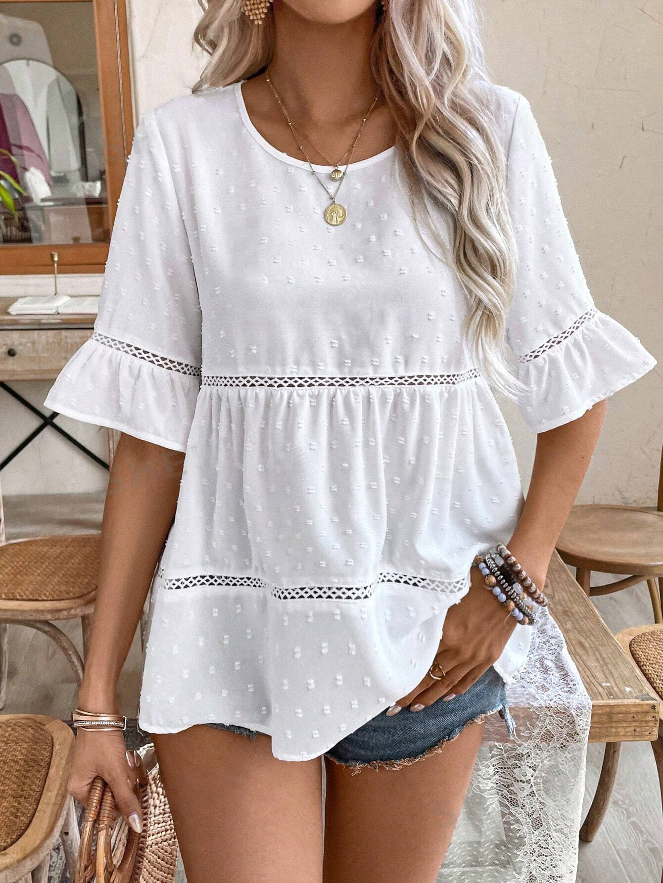ST0609 . Blusa De Manga Acampanada Con Cuello Redondeado Y Dobladillo Con Volantes Para Mujeres, Blusa Blanca, Esencial Blanco, Vestimenta De Verano, Esencial Para La Temporada De Bodas, Estilo Cottagecore