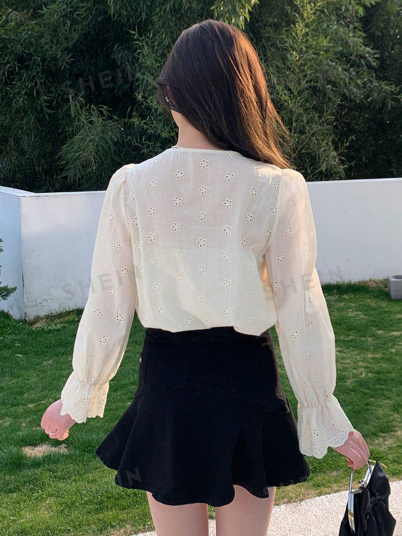 M0035 Camisa Holgada De Manga Larga Bordada Con Huecos