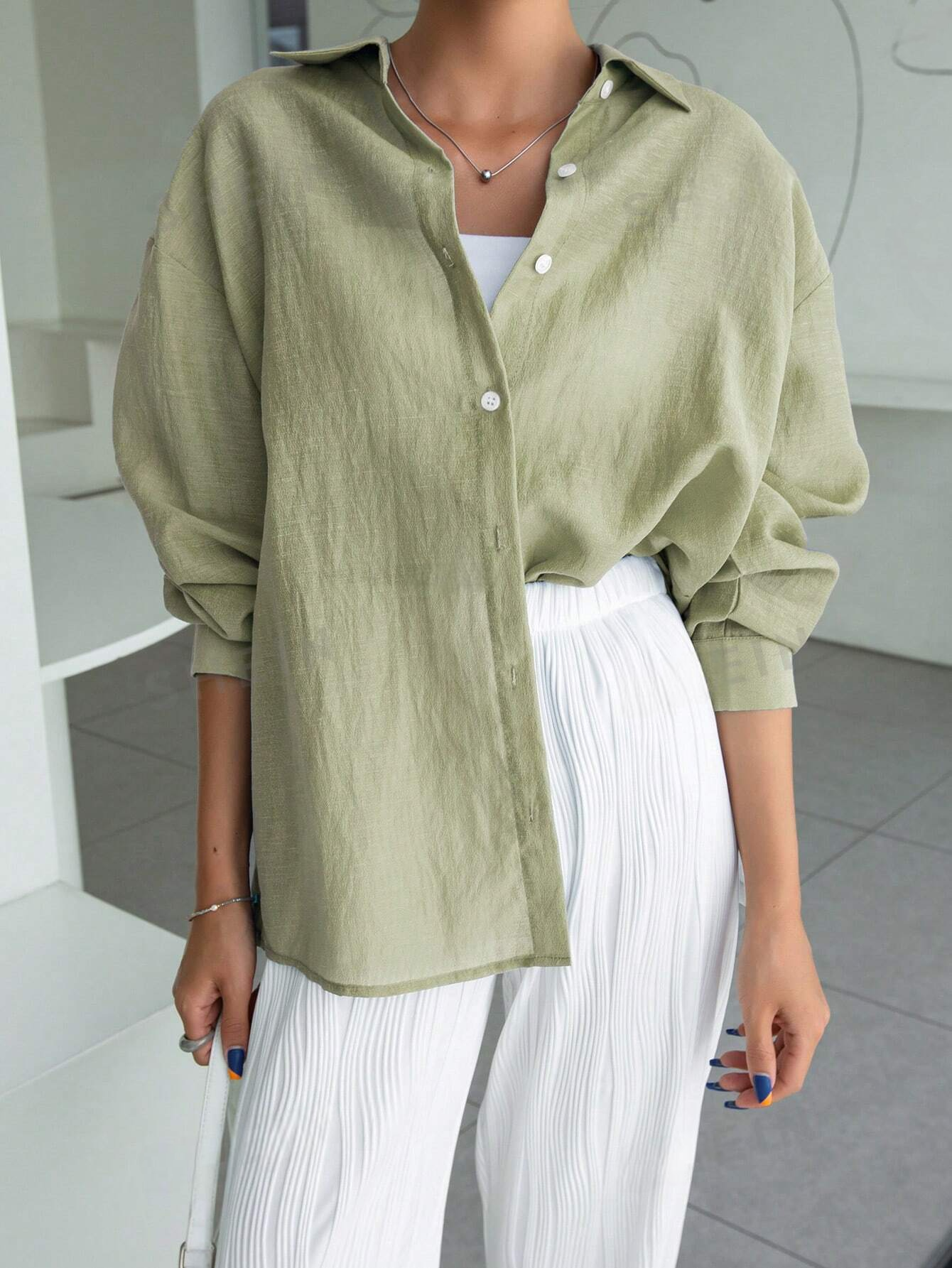 ST2108 - Camisa casual para mujer de manga larga con hombros caídos, abotonado en la parte trasera para la primavera/verano