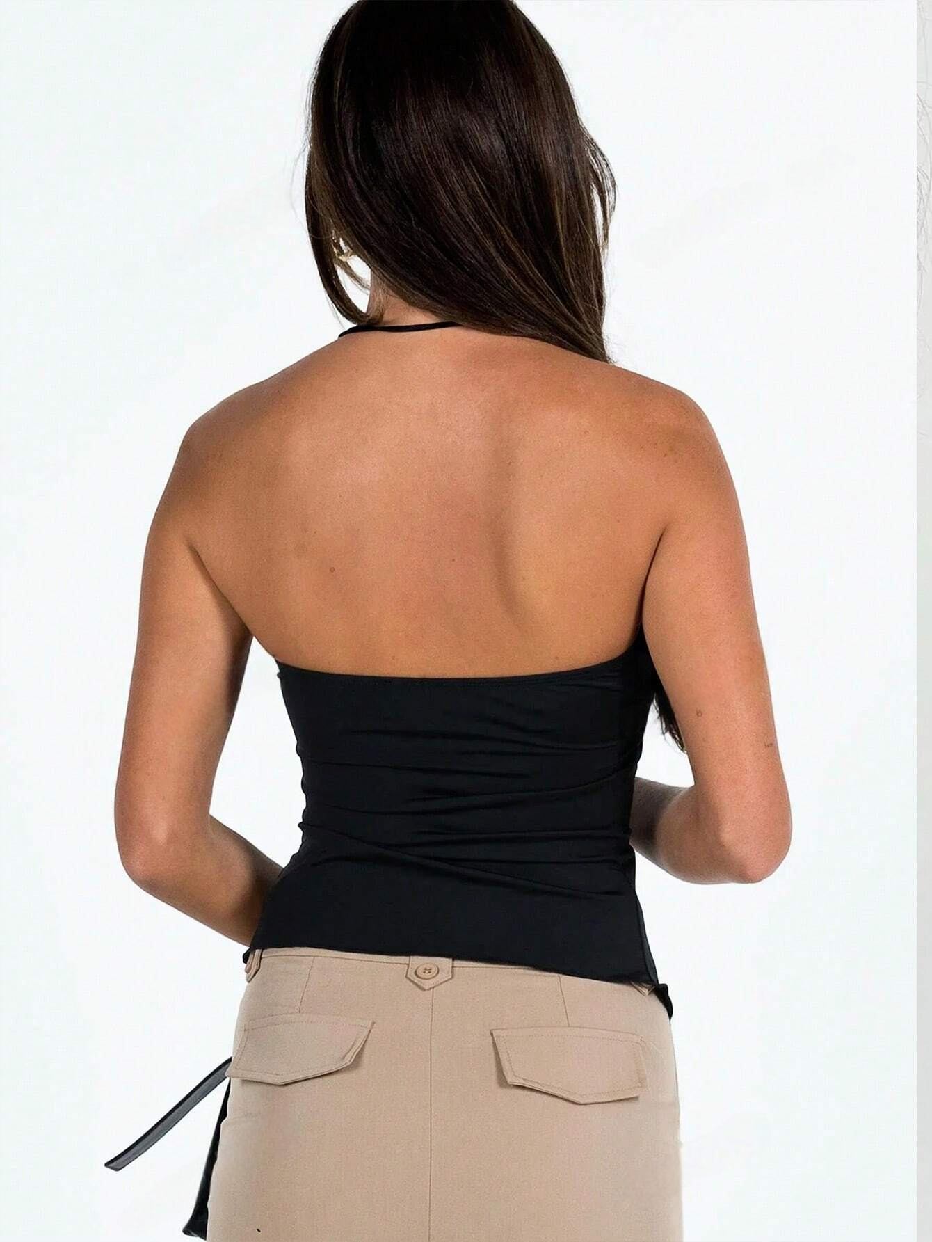 M0001 Top Sin Tirantes Con Dobladillo Dividido Y Plisado Con Cordón