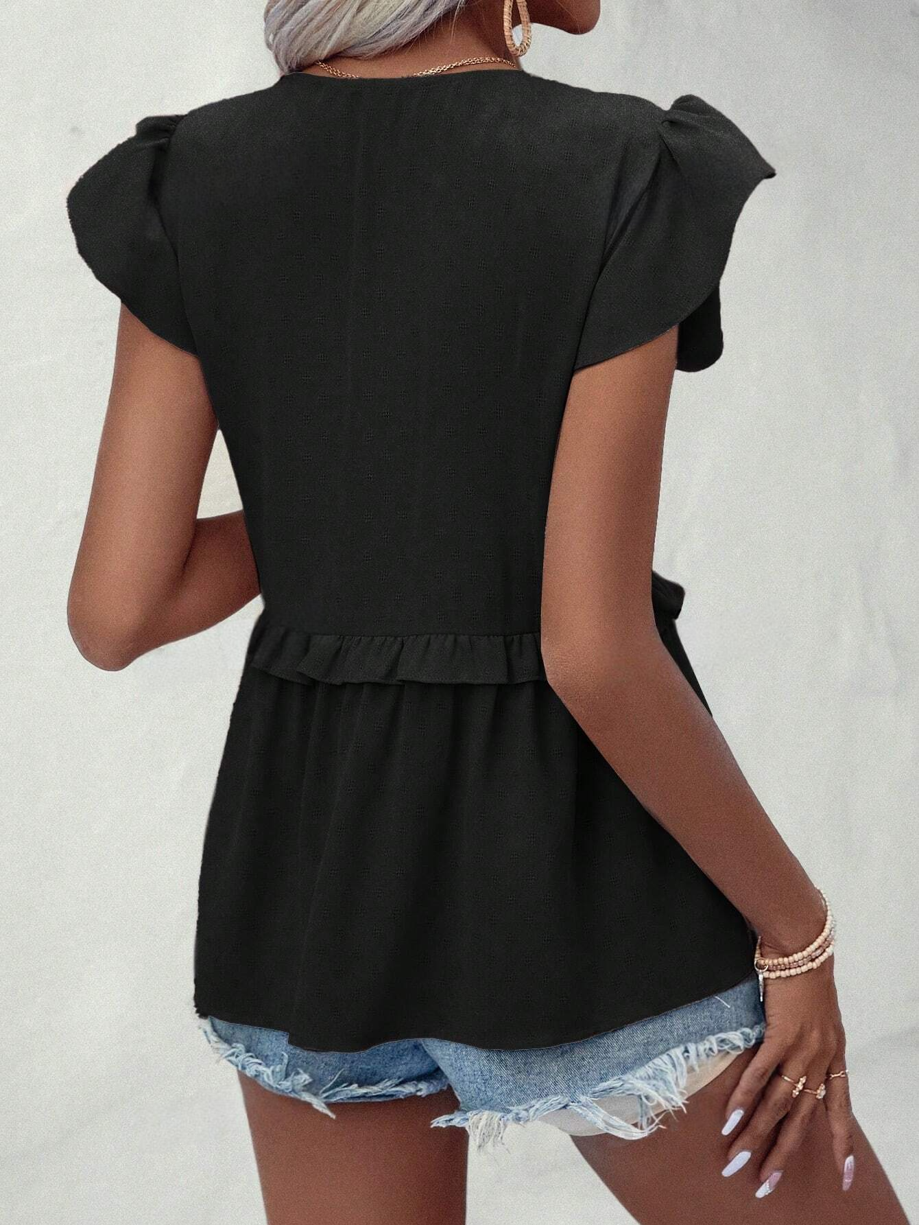 ST1429 - Camisa de ocio de unicolor con borde estilo loto para vacaciones