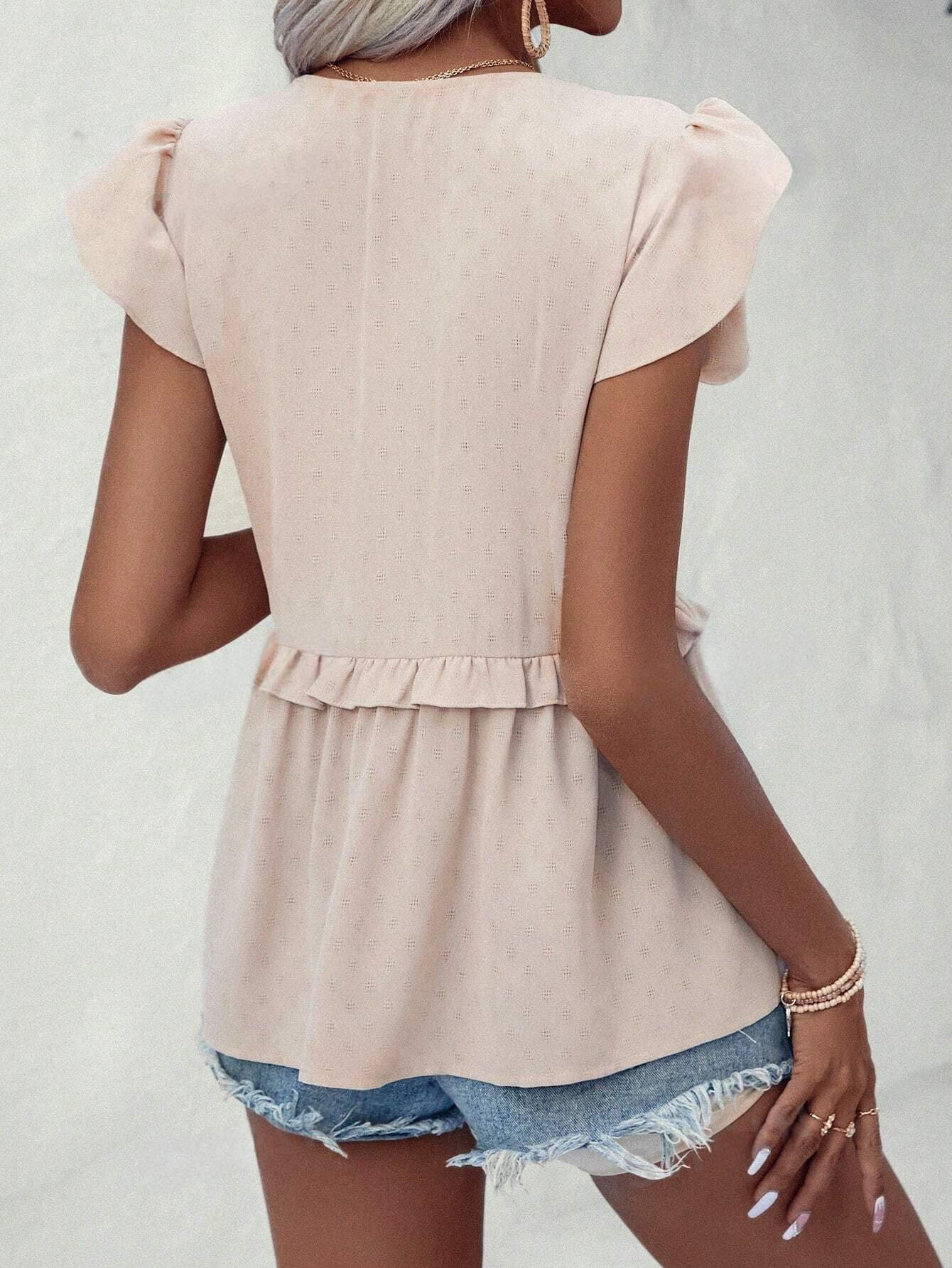 ST1415 - Camisa de verano para mujer de unicolor con cuello en V, mangas cortas con vuelo, holgada y con dobladillo de volantes