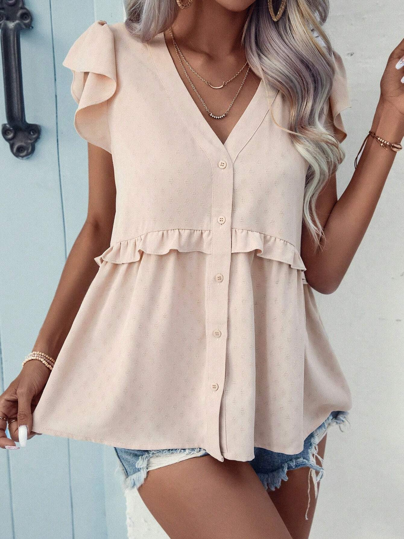 ST1415 - Camisa de verano para mujer de unicolor con cuello en V, mangas cortas con vuelo, holgada y con dobladillo de volantes