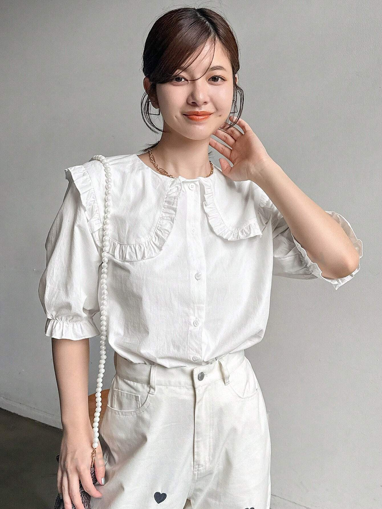 M9001 -Camisa de verano de manga corta con cuello de muñeca encantadora para mujeres