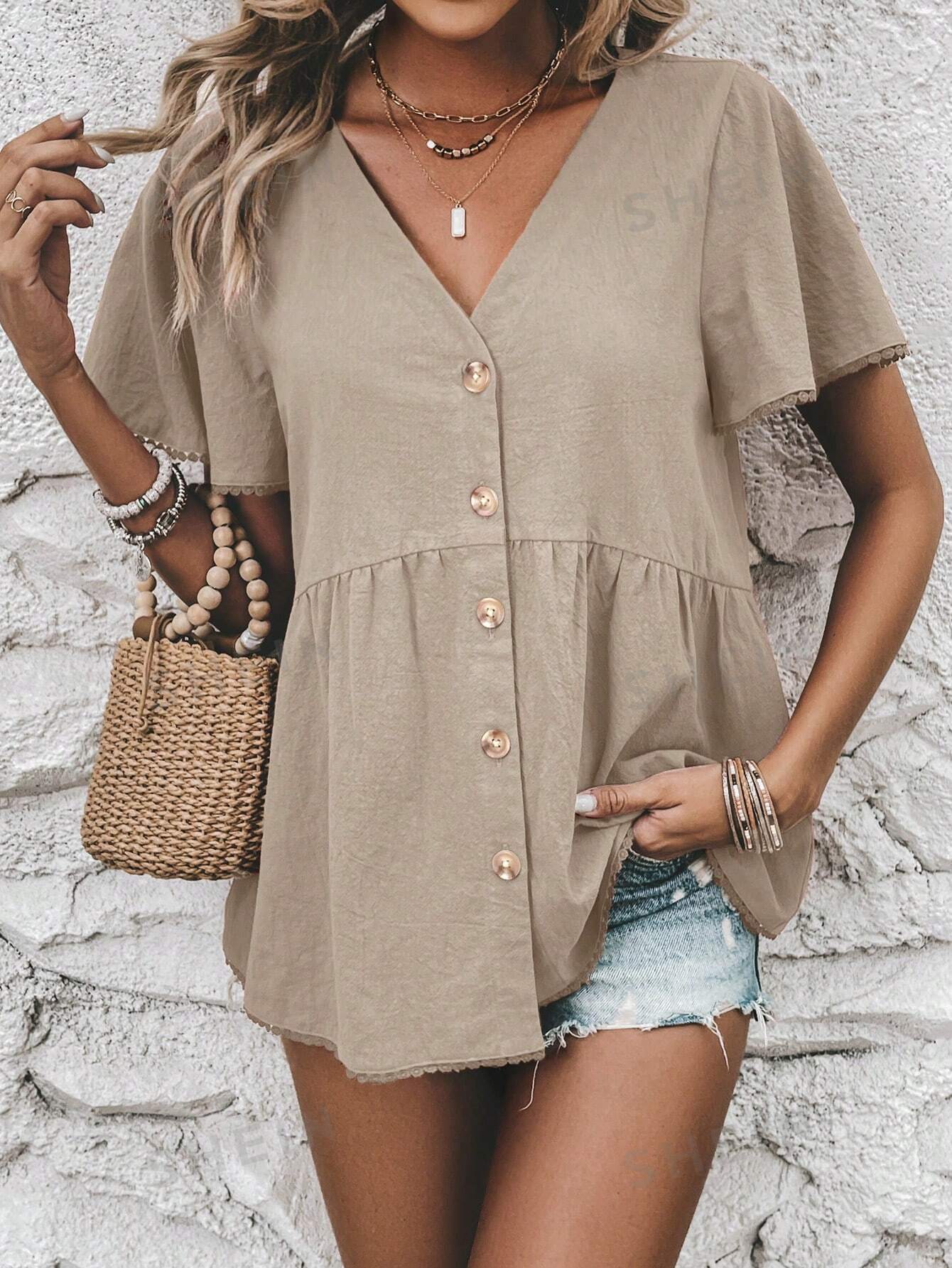 M0302 - Camisa para mujer de unicolor con cuello en V, botones delanteros y manga corta para ocio de verano