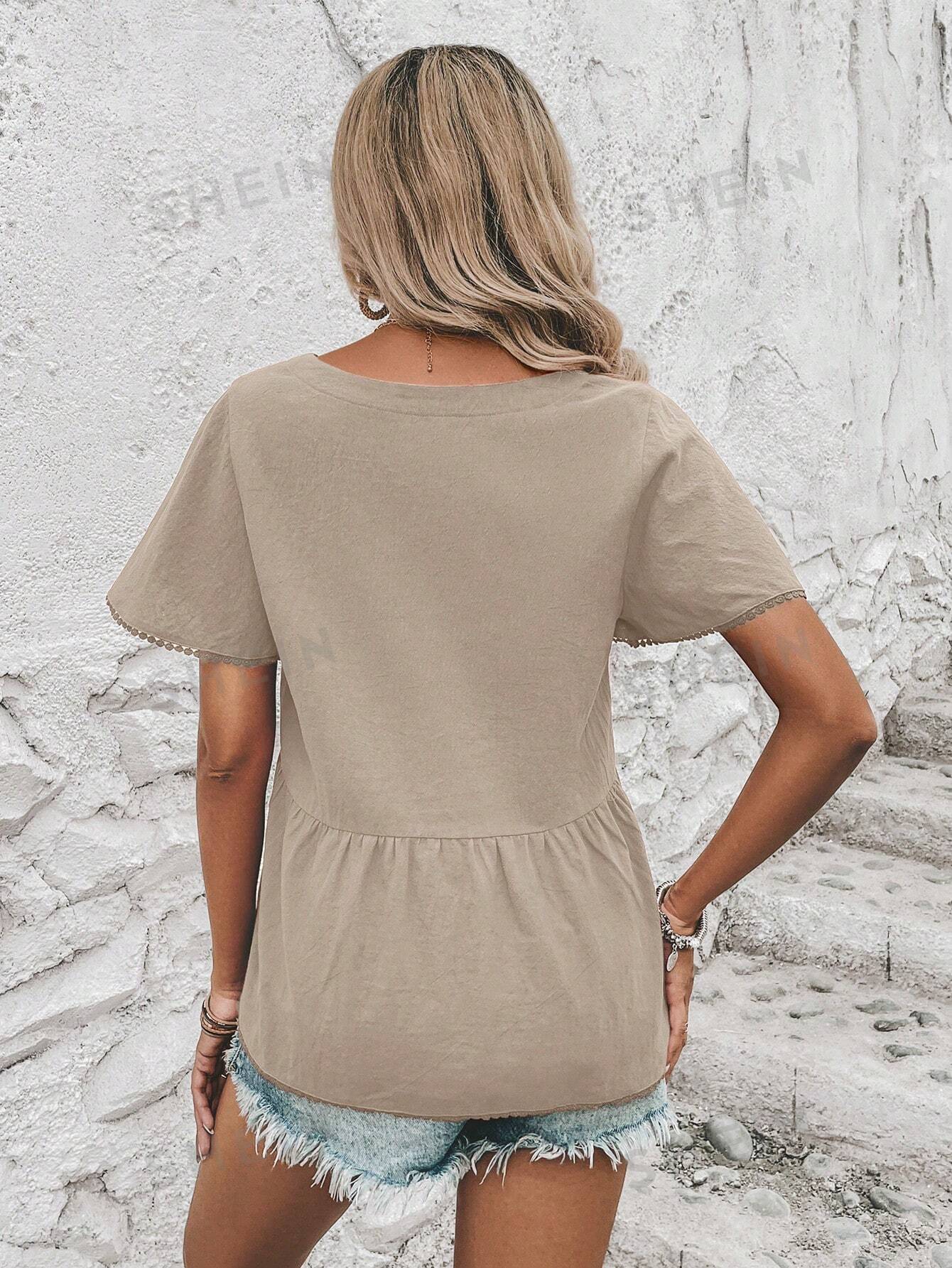 M0302 - Camisa para mujer de unicolor con cuello en V, botones delanteros y manga corta para ocio de verano