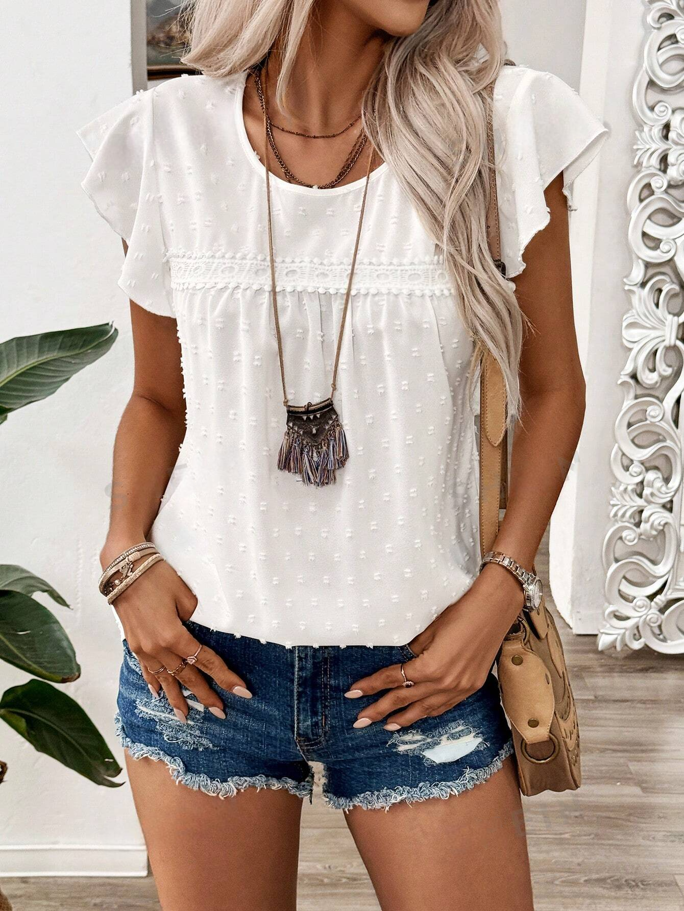 ST423 Blusa estilo babydoll bordada con lunares con detalles de encaje y mangas abullonadas para mujeres, verano