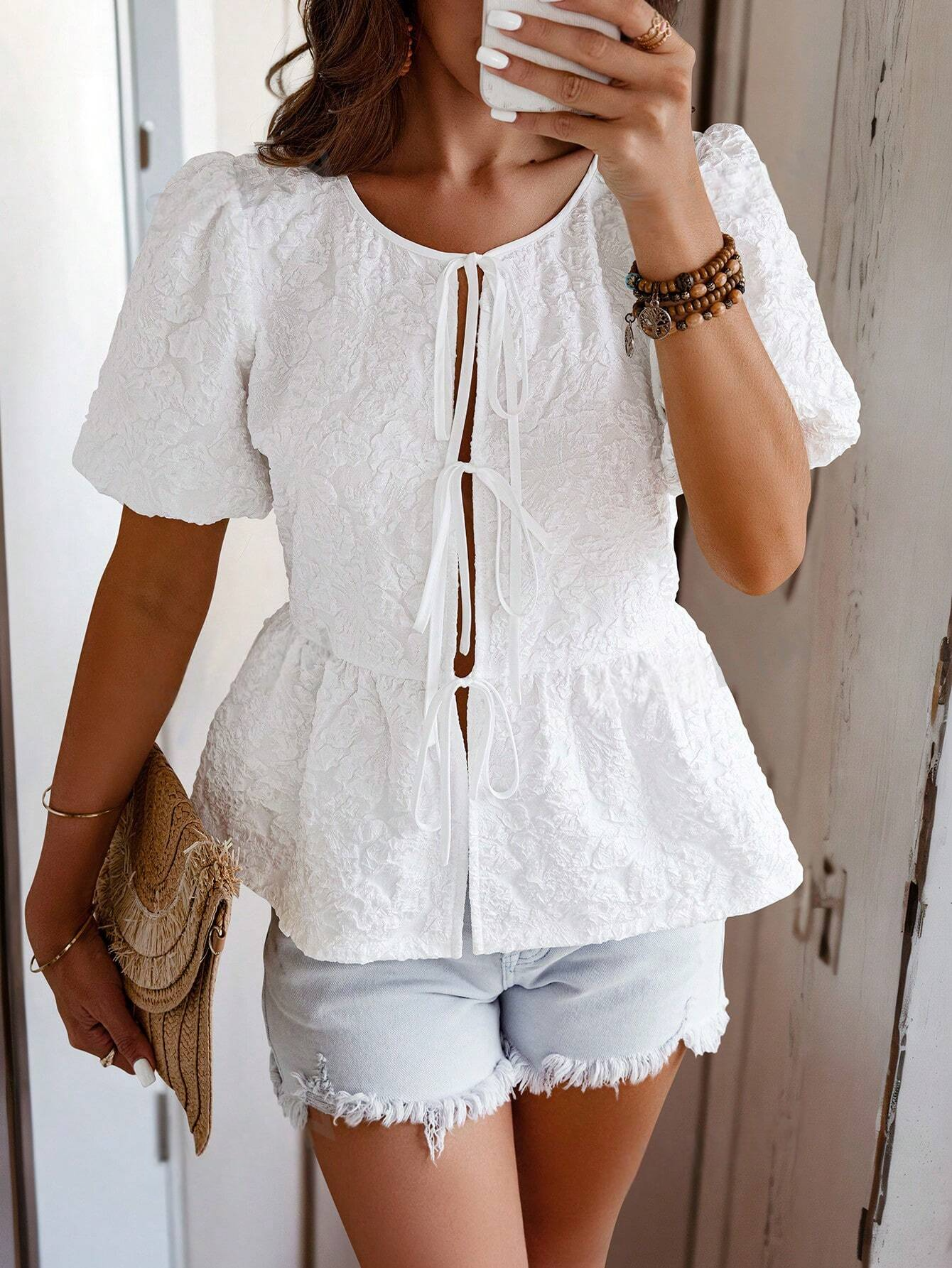 M7015 - Blusa de manga corta diaria simple y lisa para mujeres