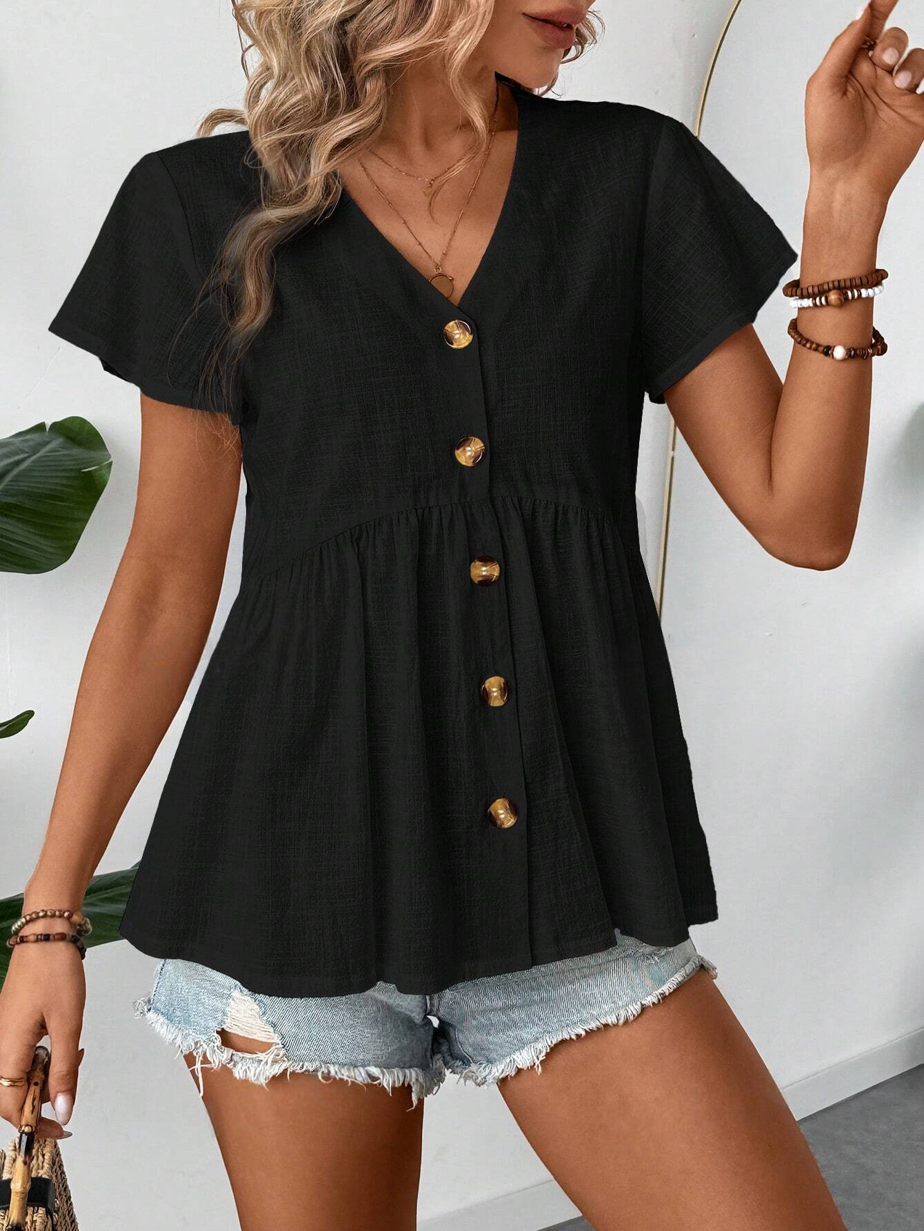 ST4563 - Camisa casual de estilo veraniego para mujer con cuello en V, dobladillo con volantes, mangas acampanadas fruncidas estilo babydoll y diseño de línea A, para vacaciones y días libres, camisa de botones de algodón puro