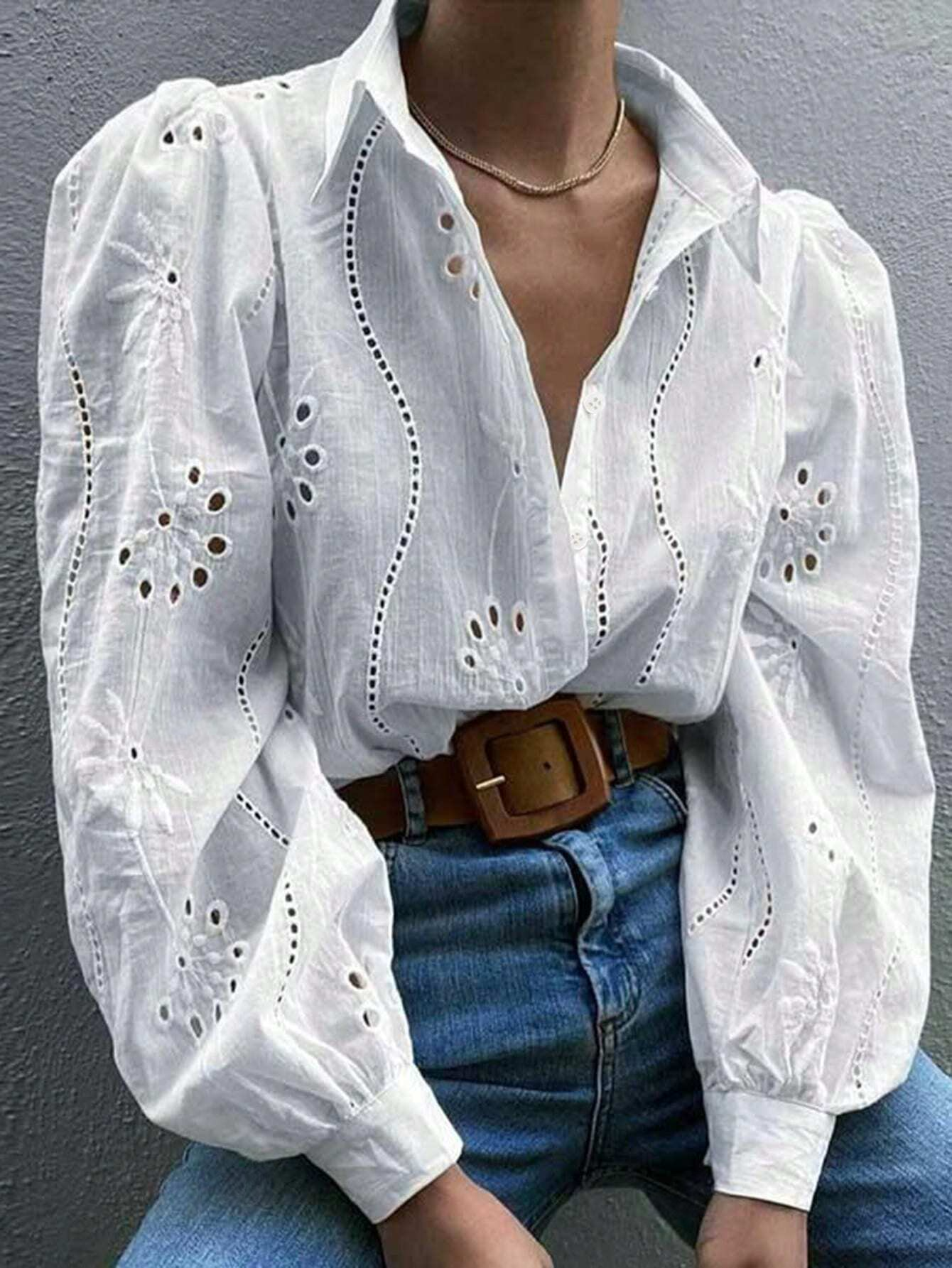 K4033 - Blusa casual de manga larga con botones delanteros y bordado ahuecado para primavera/verano