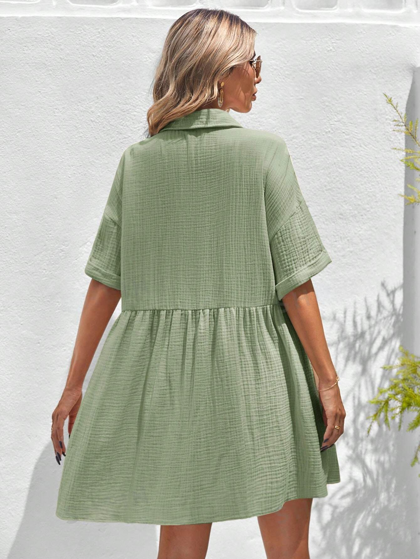 M0003 Vestido camisa de verano holgado y casual para mujeres con unicolor y dobladillo con volantes para vacaciones