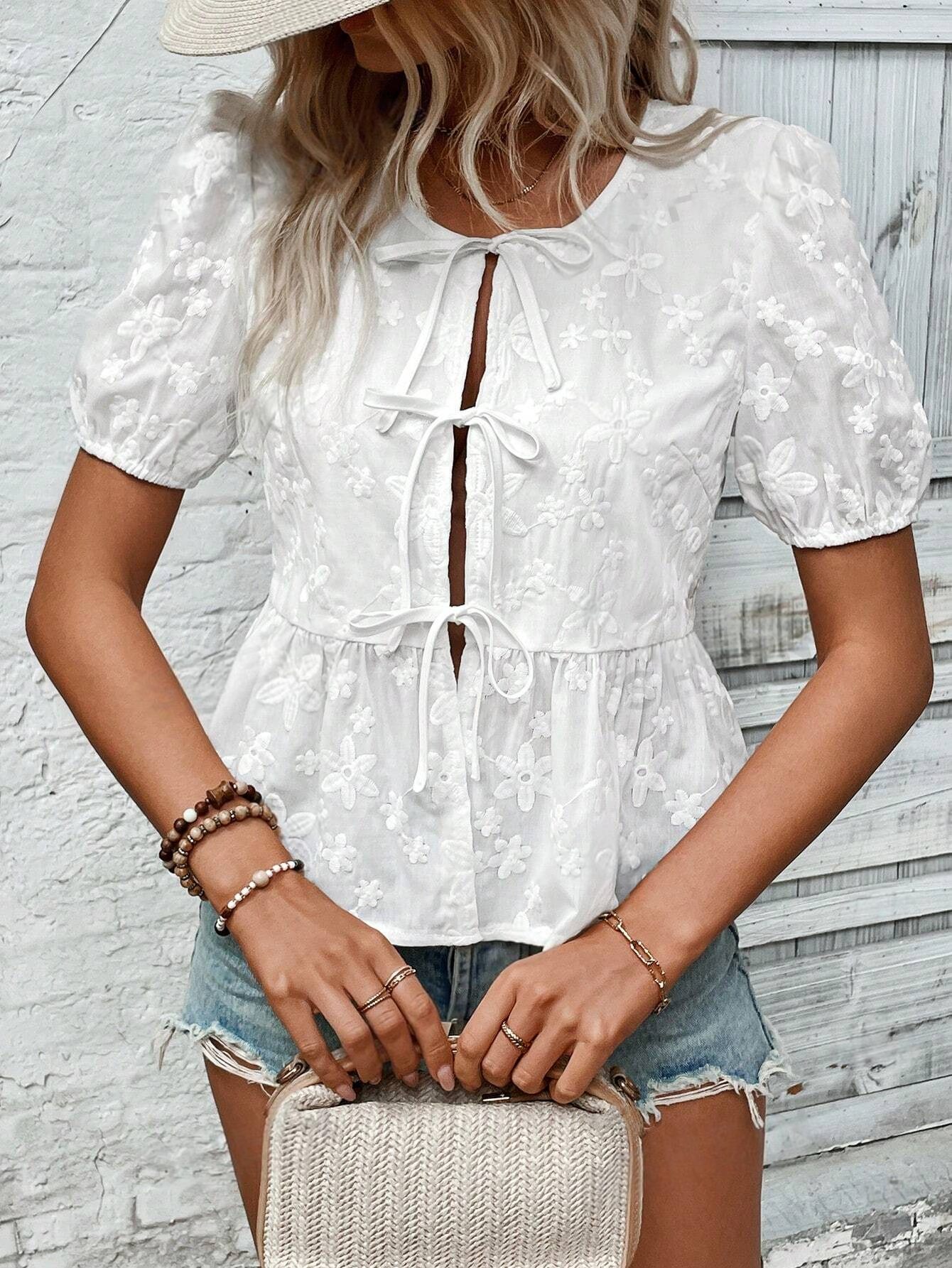 ST7002 - Clasi Blusa campana con mangas abullonadas, frente con lazo y telar jacquar