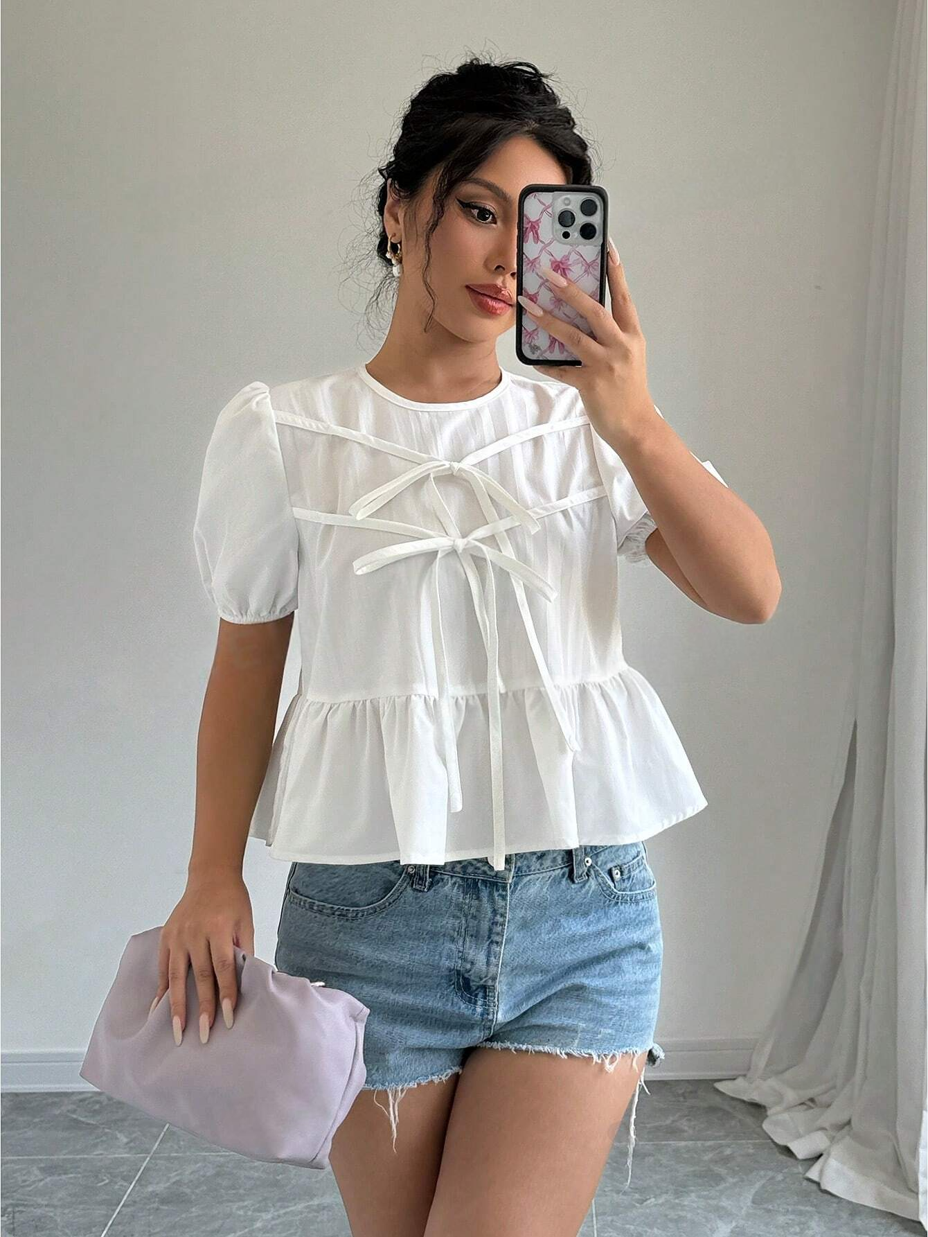 M00030 Blusa con volantes en la manga globo y frente con lazo