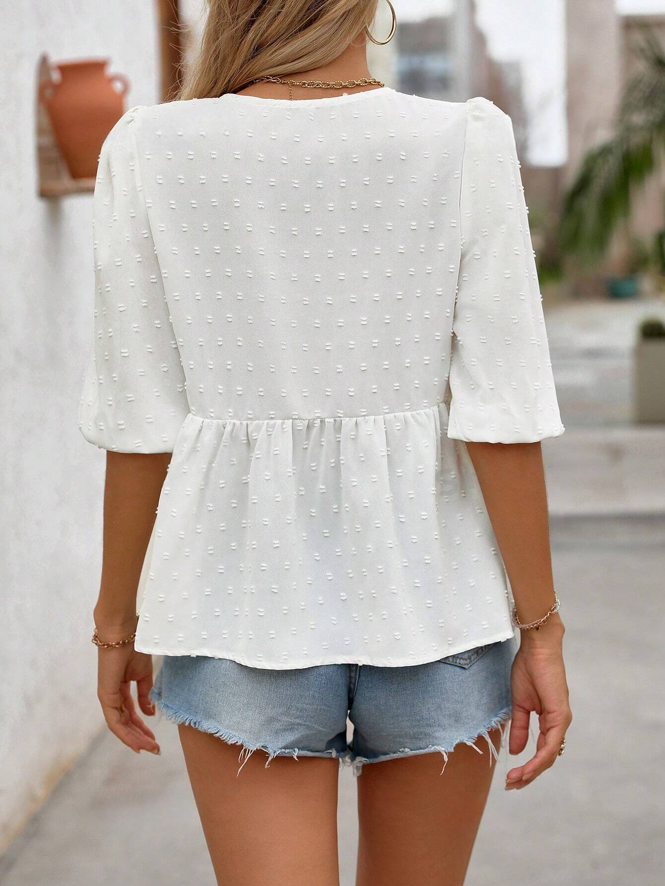 ST0102 Blusa dulce y campestre para mujer con media tapeta elegante, nudo de lazo y mangas tipo burbuja