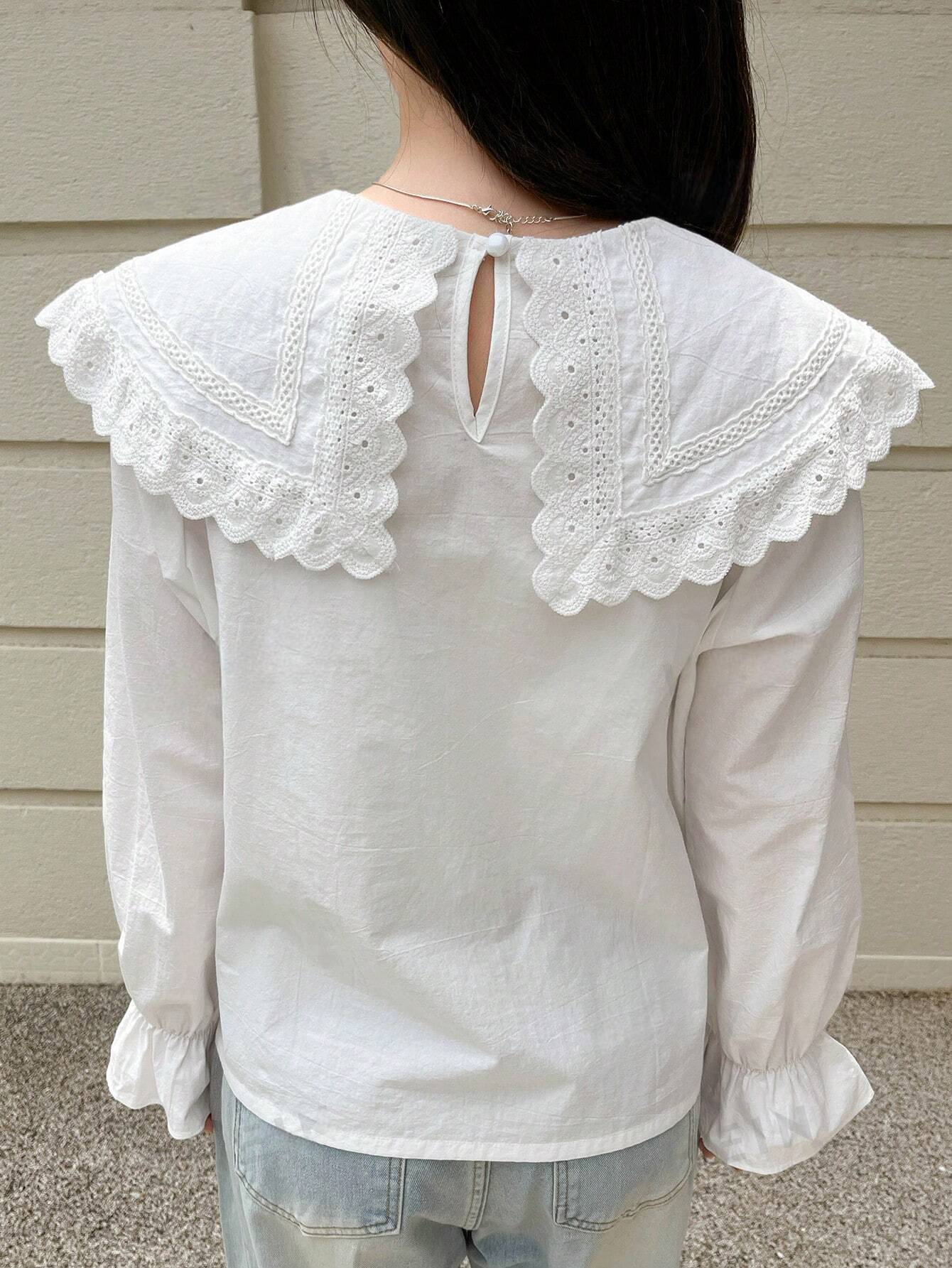 M00035 Blusa de mangas largas con borde de concha de parche de malla de unicolor, para uso casual diario