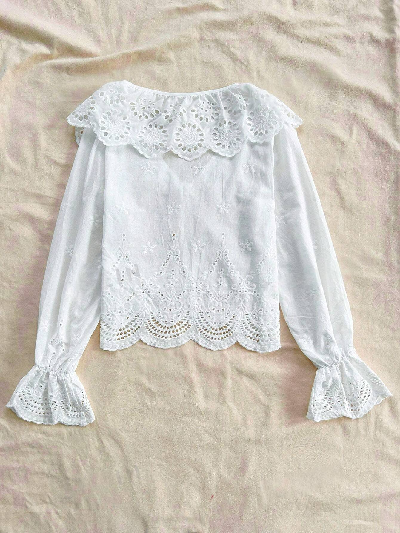 M0041 Blusa romántica con cuello de volantes bordados, textura, de estilo ballet, informal/vacacional, con lazo delantero para mujeres