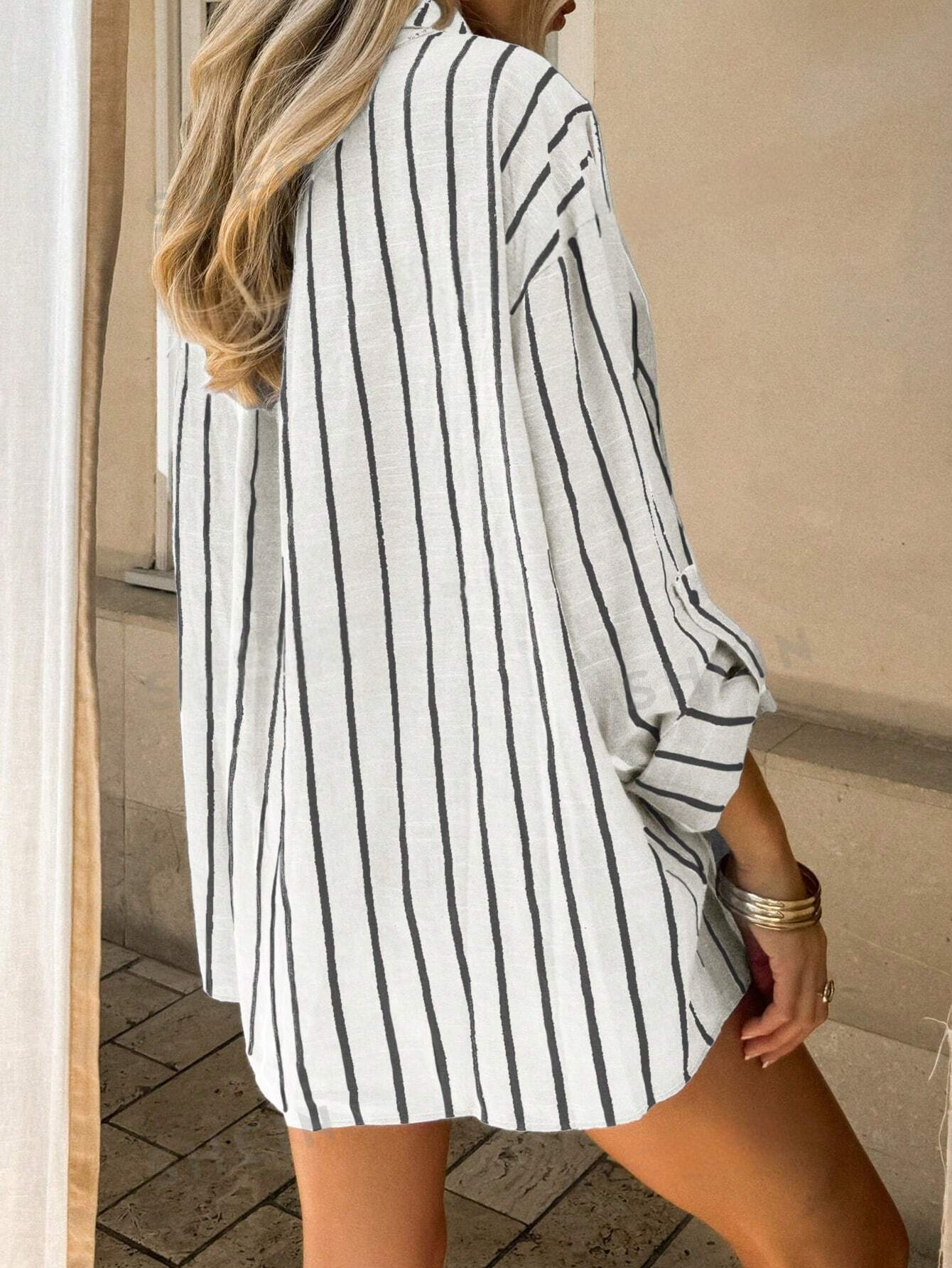 M00011 Camisa de manga larga a rayas informal y relajada para mujer