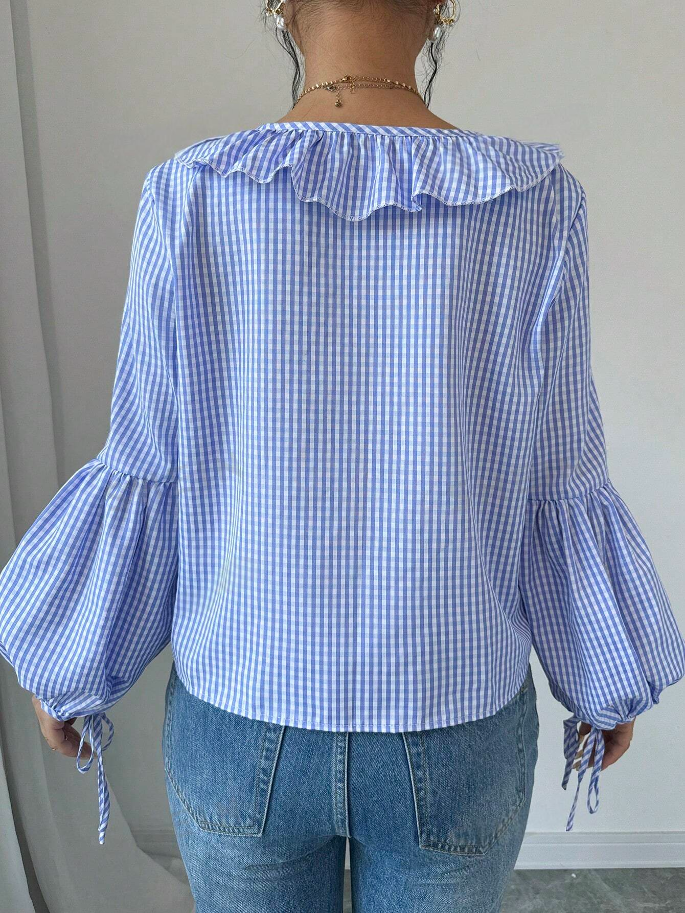 ST0017 - Blusa de manga larga con cuello en V, volantes delanteros, corbata y tirantes dobles, estampado de cuadros, informal, para mujer