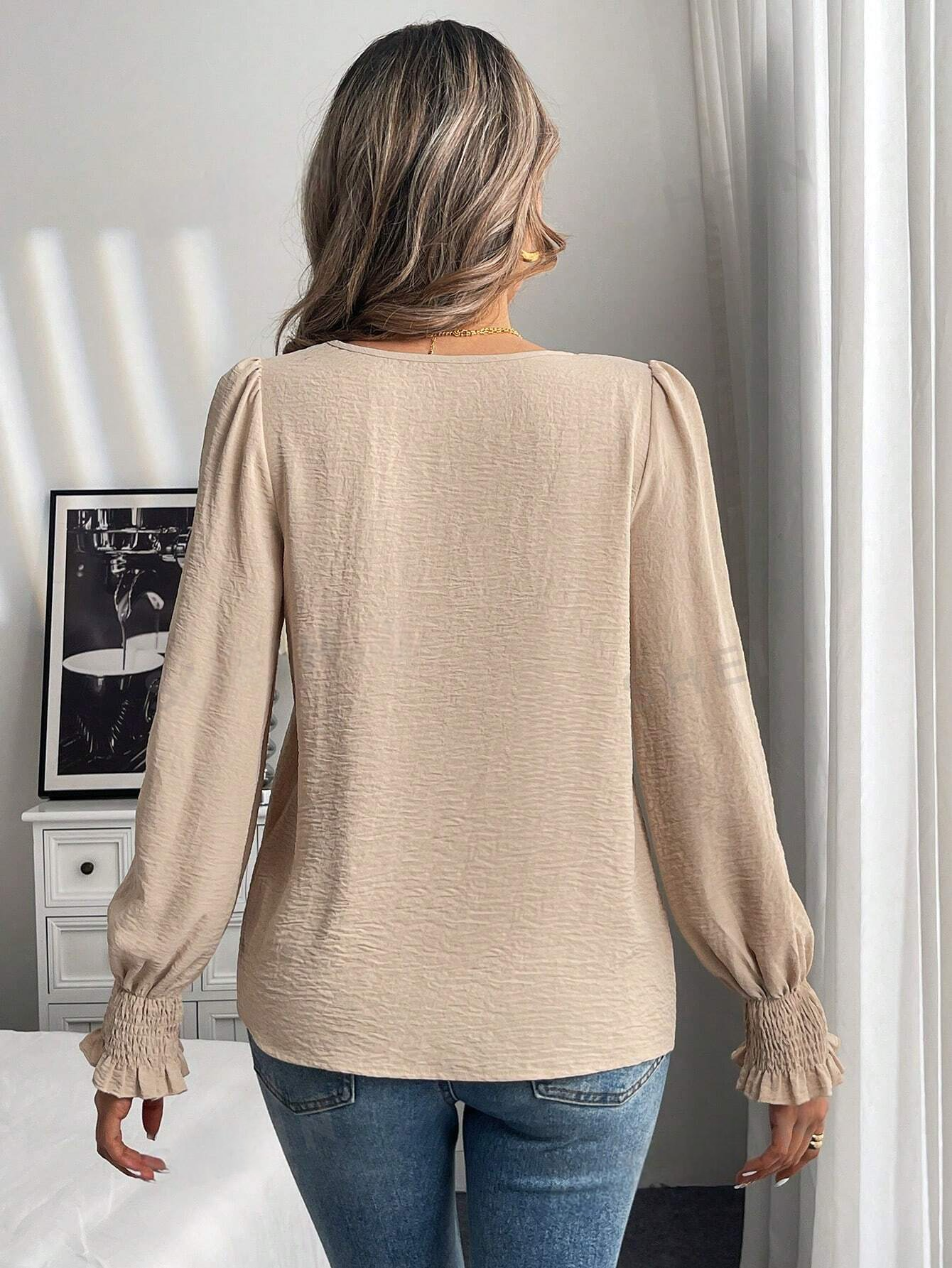 M0004 Blusa de cuello redondo de unicolor con mangas de campana con volantes, primavera/verano