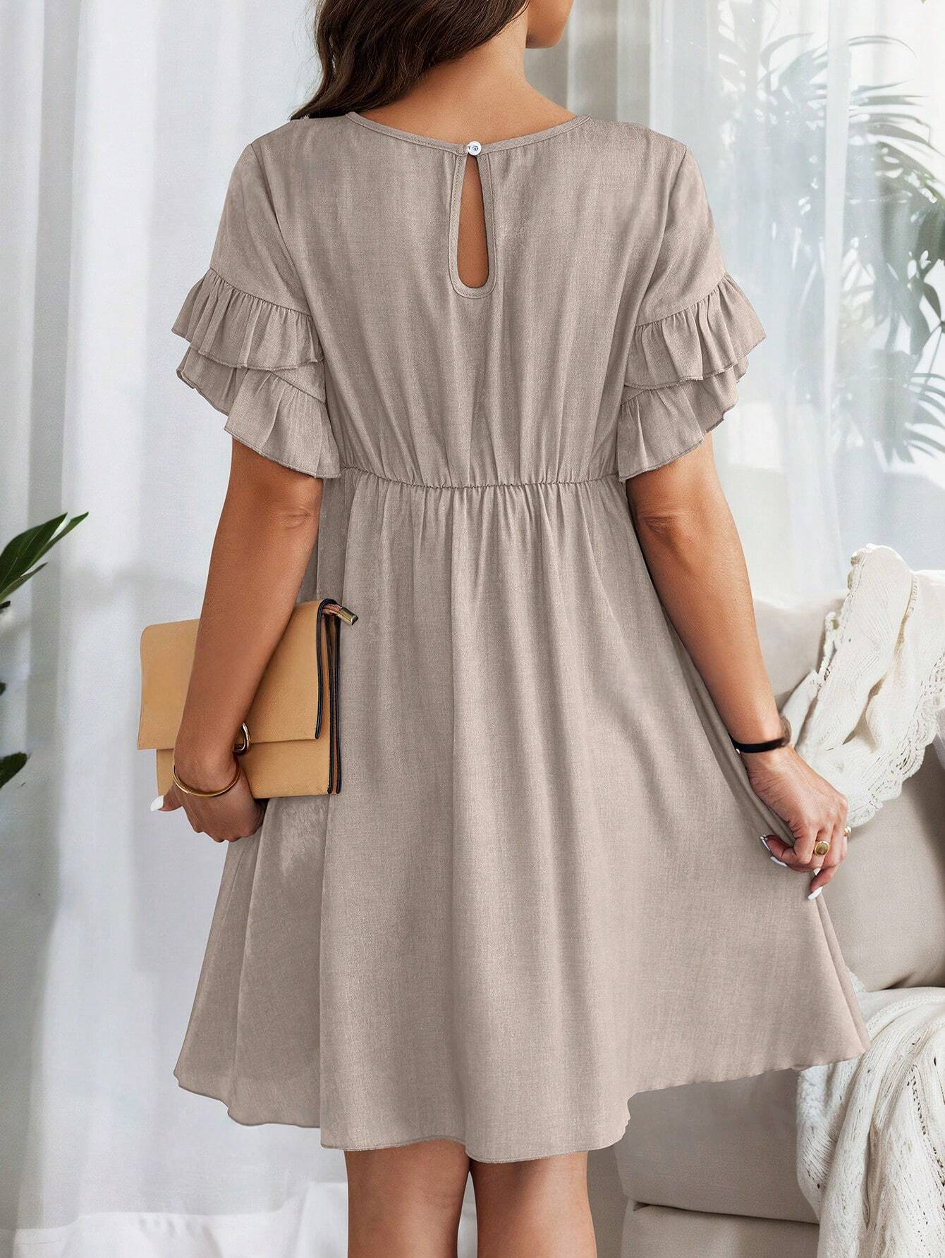 M0002 Vestido casual de mujer de cuello redondo y manga corta de unicolor