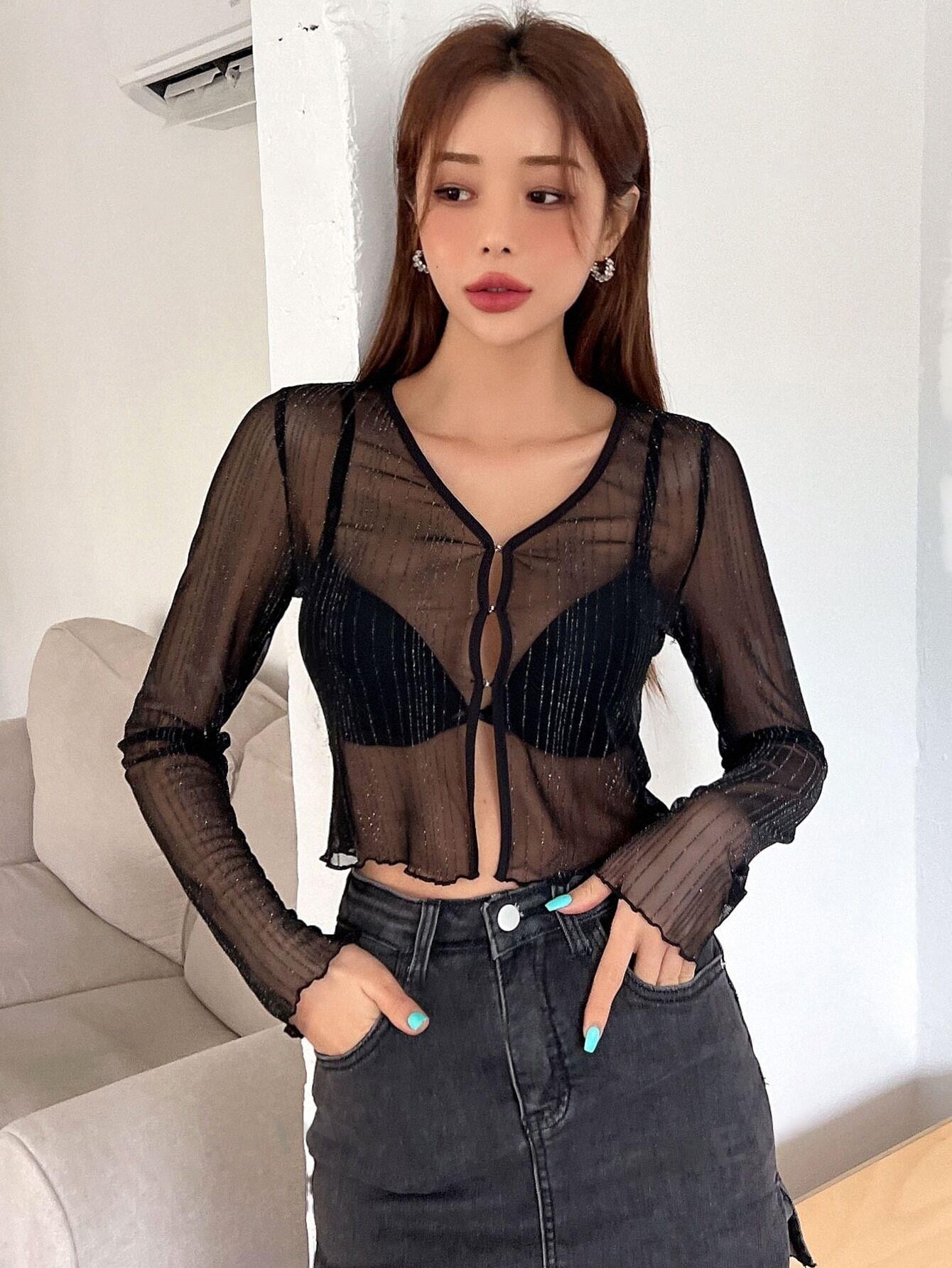 ST1241- Top De Malla Transparente Sólido Sin Sujetador