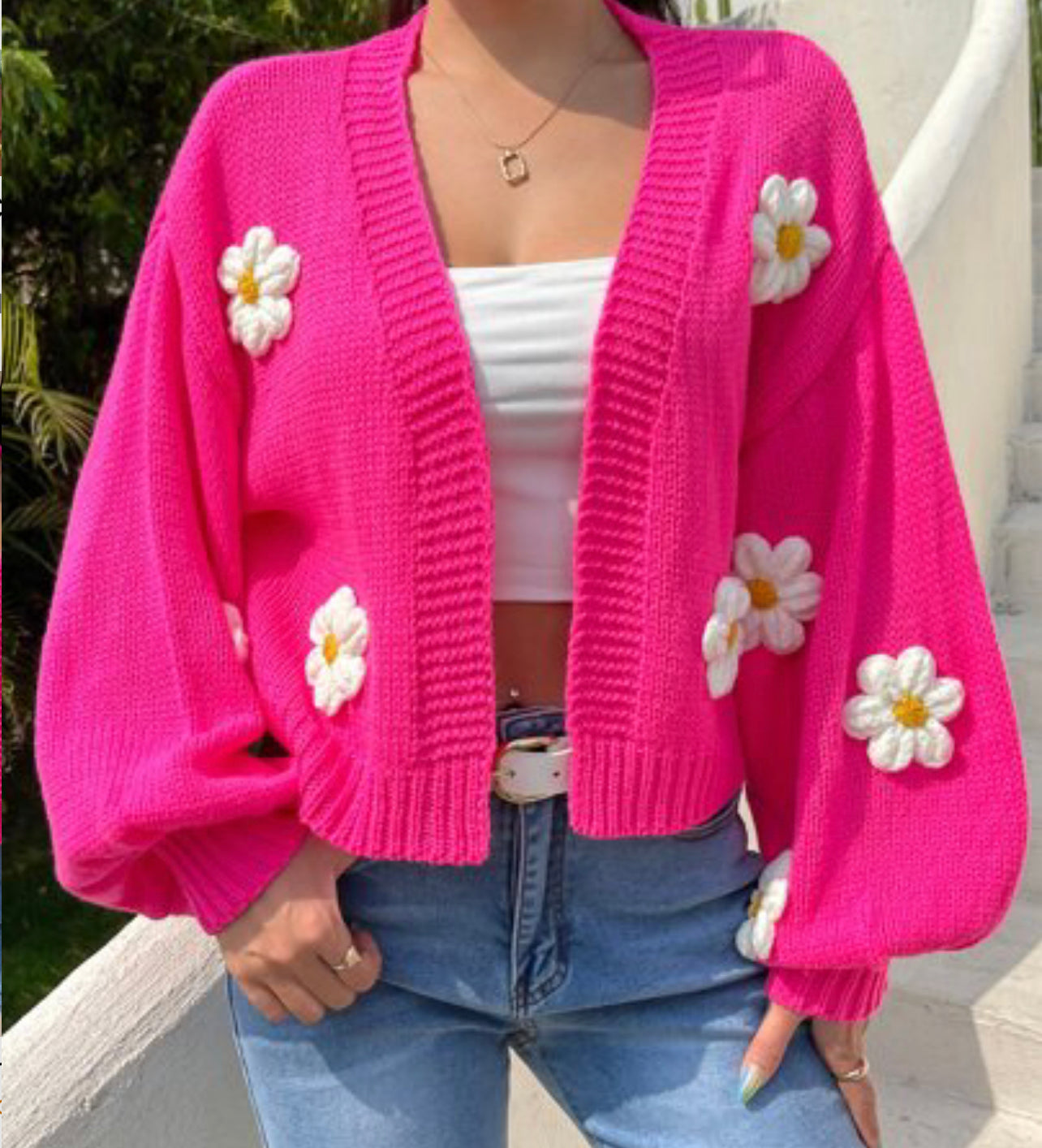 ST134 Cárdigan aplique floral de manga obispo