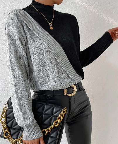 ST1313 - Jersey de dos tonos de cuello alto tejido de cable