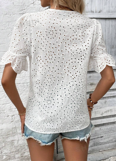 ST811 - Camisa casual de vacaciones para mujer con bordado de malla de unicolor y cuello en V