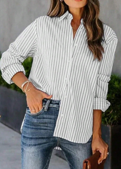 K1156 - Blusa casual de mujer de manga larga con botones delanteros, estampado a rayas