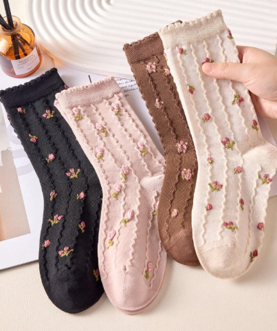 K1748 - 3 pares de calcetines de mujer hasta el tobillo con patrones de flores, calcetines y medias de mujer estampados con