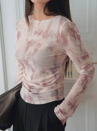 K4967 - Blusa de manga larga holgada con efecto tie-dye degradado y malla transparente, corte slim, para primavera/verano