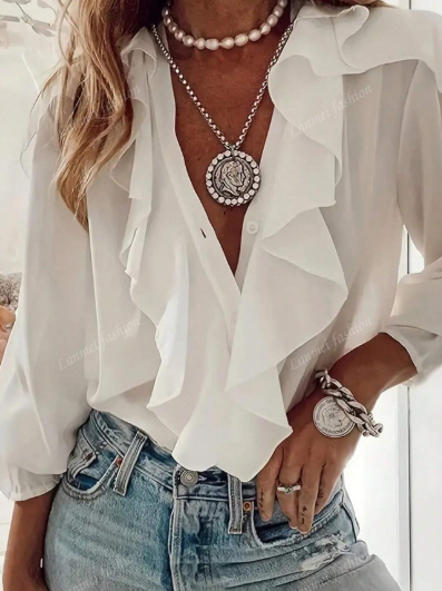 K0020 - Blusa casual de manga larga con cuello en V y ribete de volantes