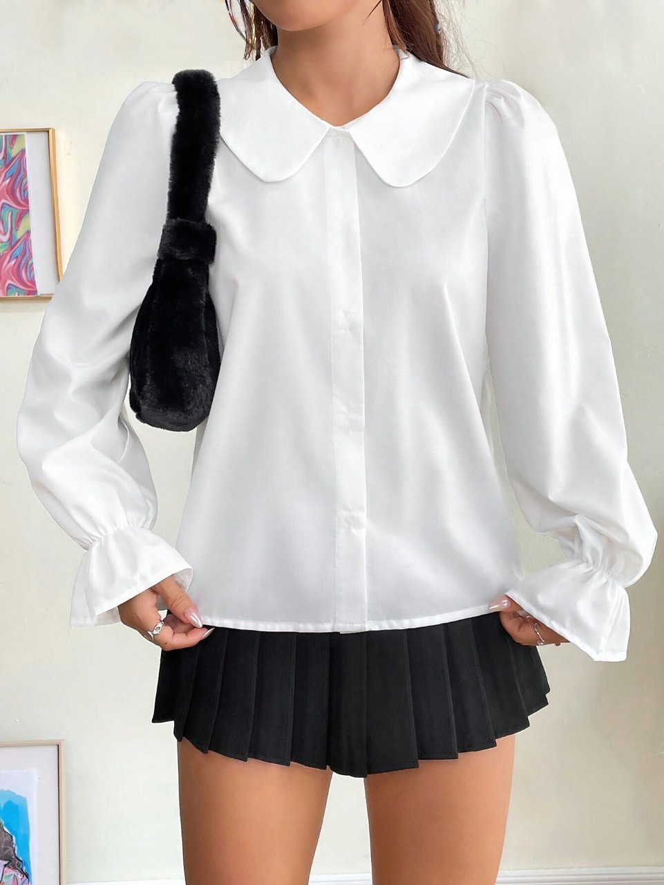 M0715 Camisa de cuello bobo de manga con volante con botón delantero